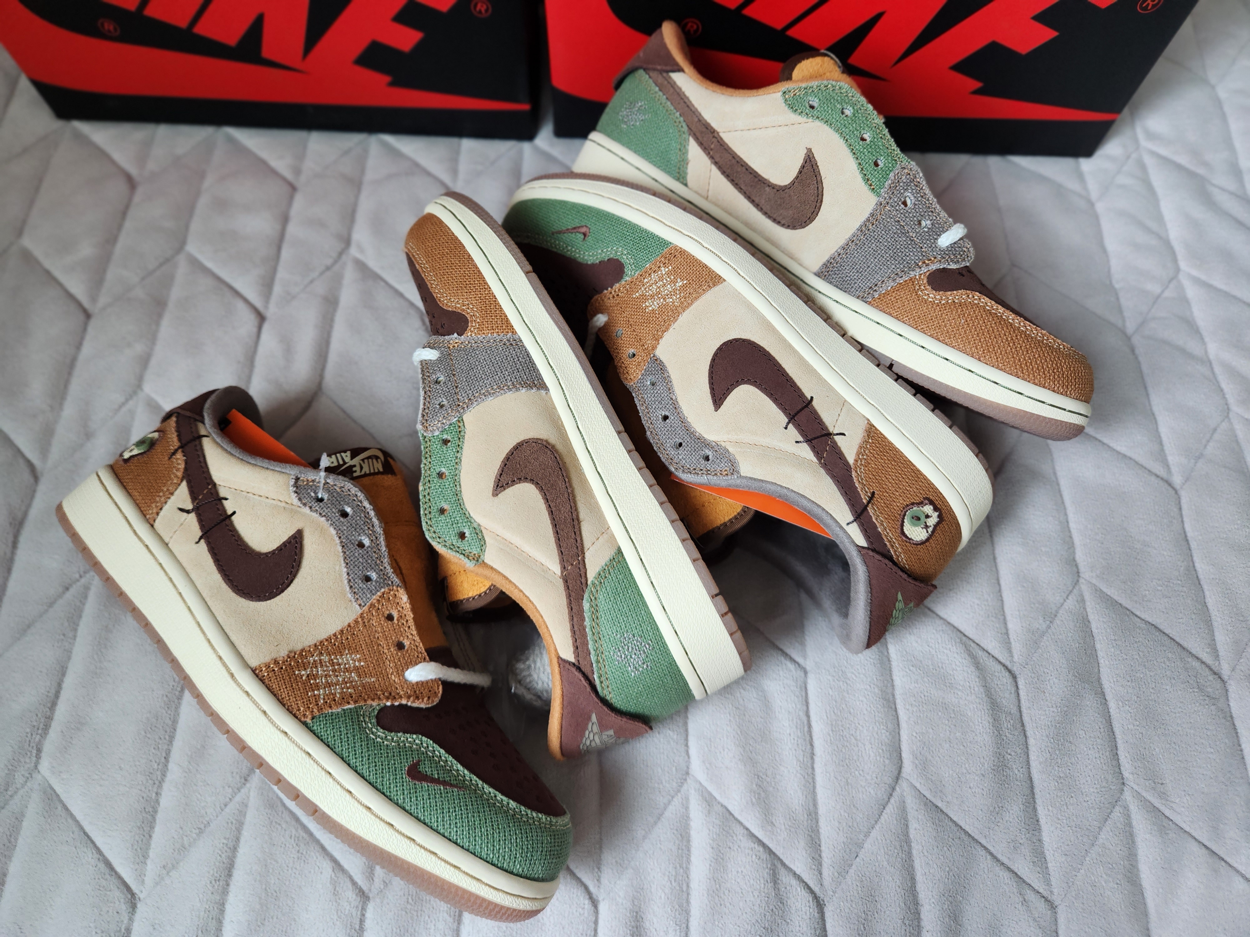 Jordan 1 x Zion Williamson Retro Low OG Flax and Oil Green 착용 스타일 - 3