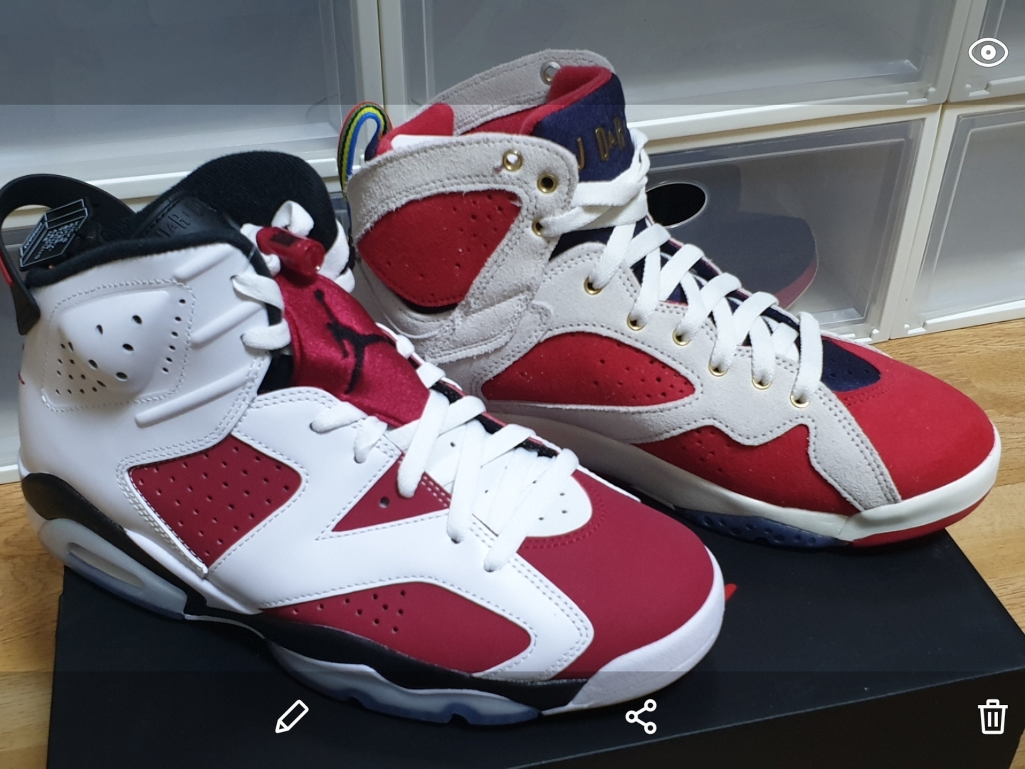Jordan 6 Retro Carmine 2021, Jordan 7 x Trophy Room Retro SP True Red and Obsidian 착용 스타일 - 2