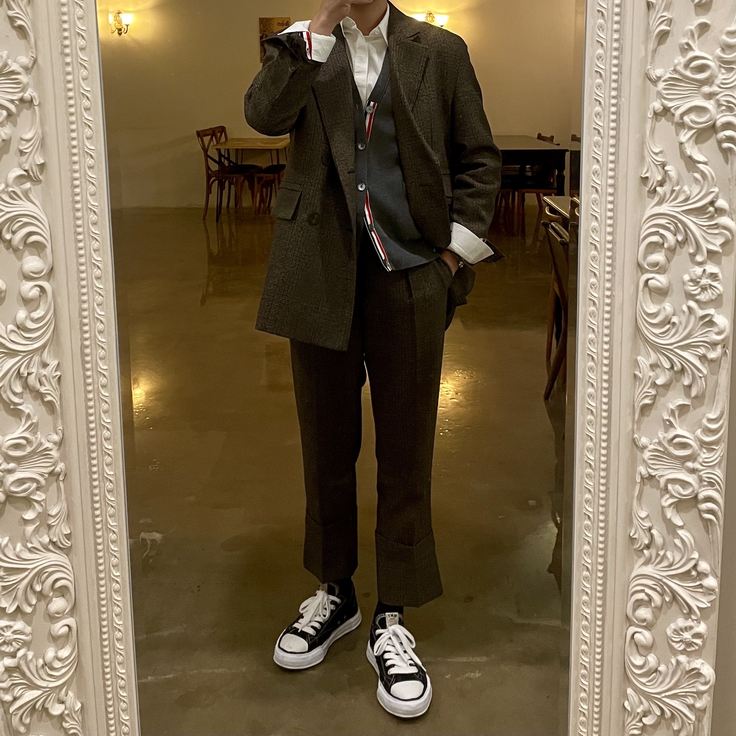 Thom Browne Milano Stitch 4-Bar Cardigan Medium Grey 착용 스타일