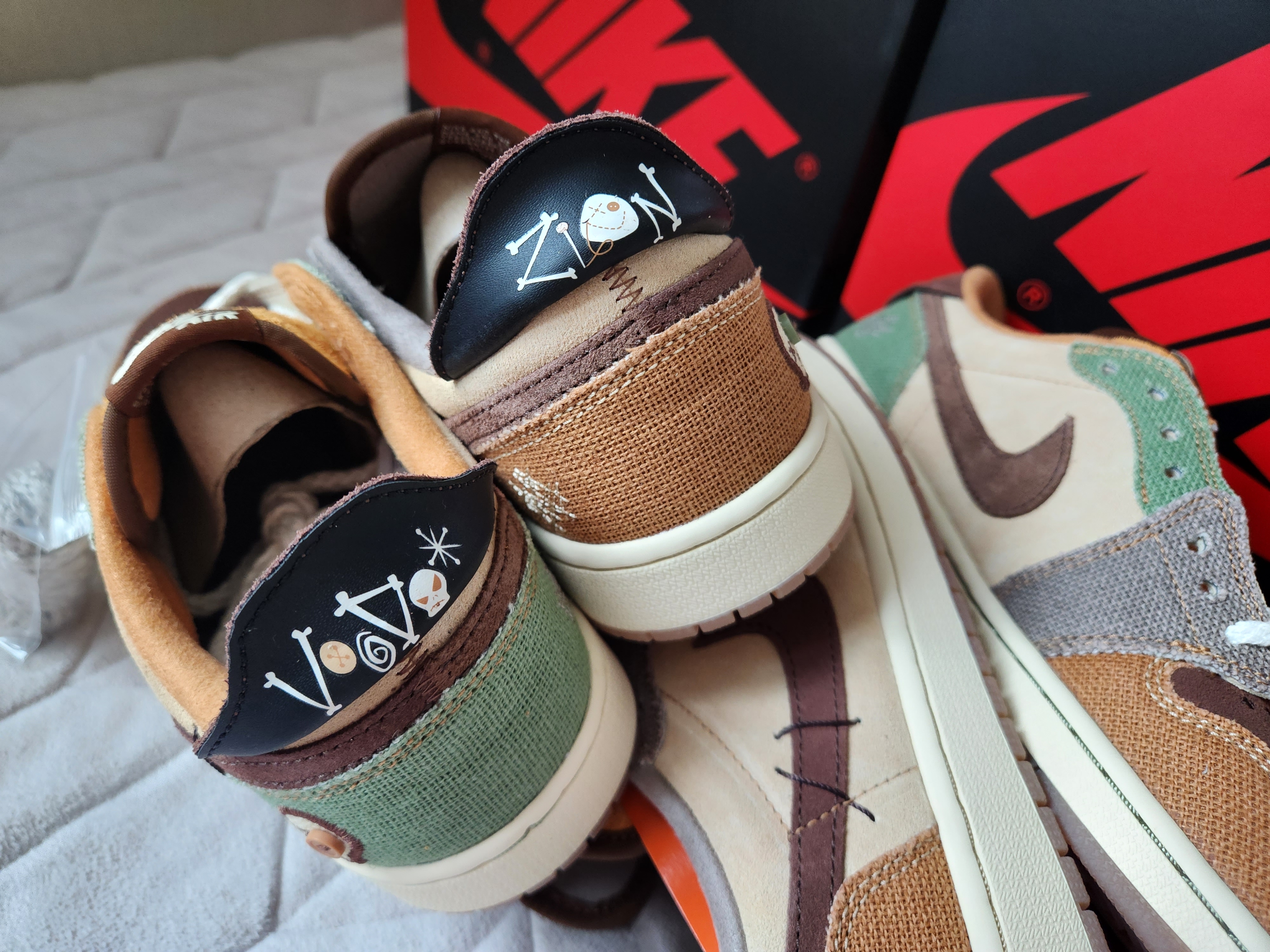 Jordan 1 x Zion Williamson Retro Low OG Flax and Oil Green 착용 스타일 - 4