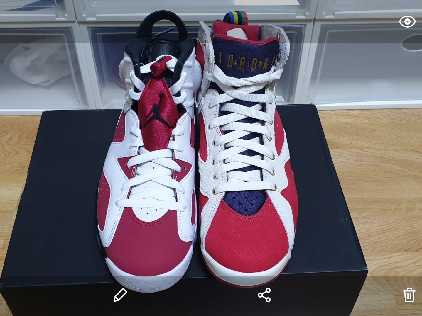 Jordan 6 Retro Carmine 2021, Jordan 7 x Trophy Room Retro SP True Red and Obsidian 착용 스타일 - 4