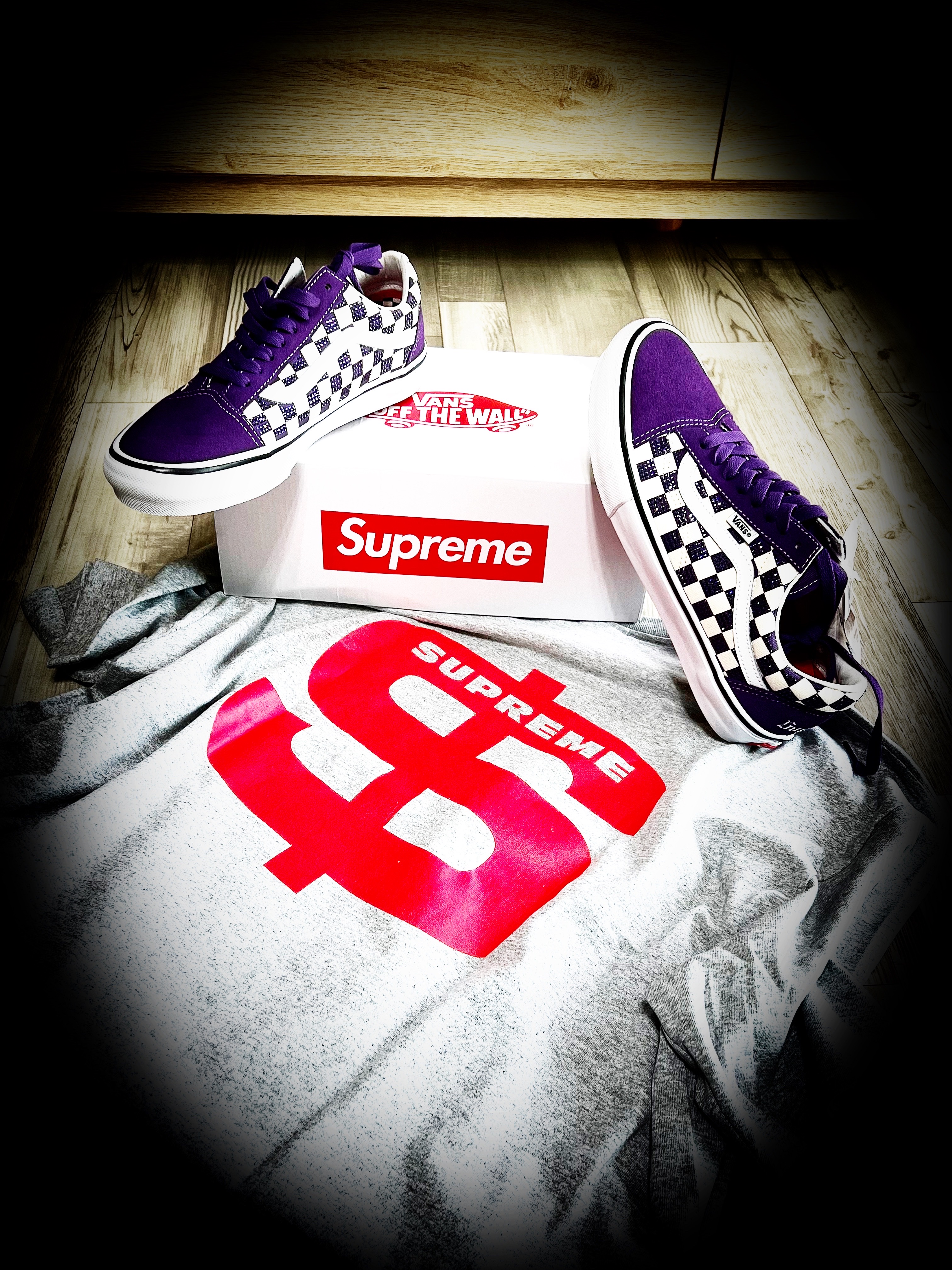 Vans x Supreme x Swarovski Old Skool Purple, Supreme Don’t Fuck Around T-Shirt Heather Grey - 22FW 착용 스타일 - 2