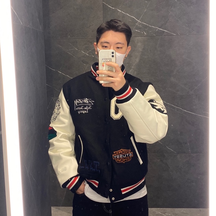 Stussy x Our Legacy x Denim Tears TTL Varsity Jacket Black 착용 스타일