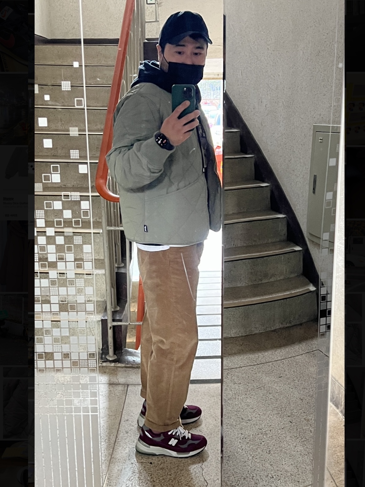 Stussy Dice Quilted Liner Jacket Olive, New Balance 992 Made in USA Maroon 착용 스타일