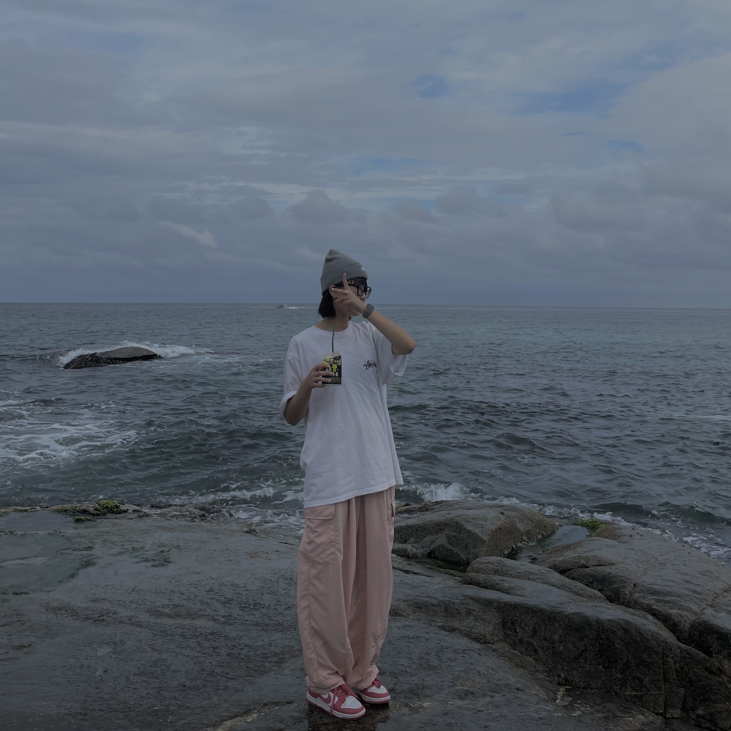 Stussy Fuzzy Dice T-Shirt White, (W) Nike Dunk Low Archeo Pink 착용 스타일 - 1