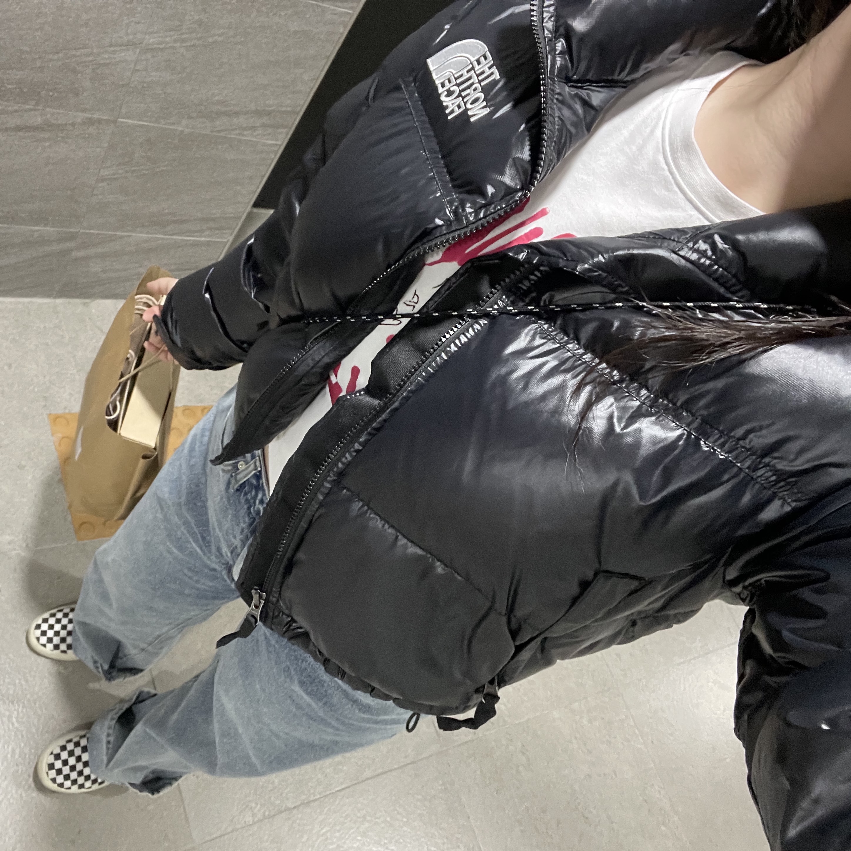 (W) The North Face Nuptse Short Jacket Black 착용 스타일