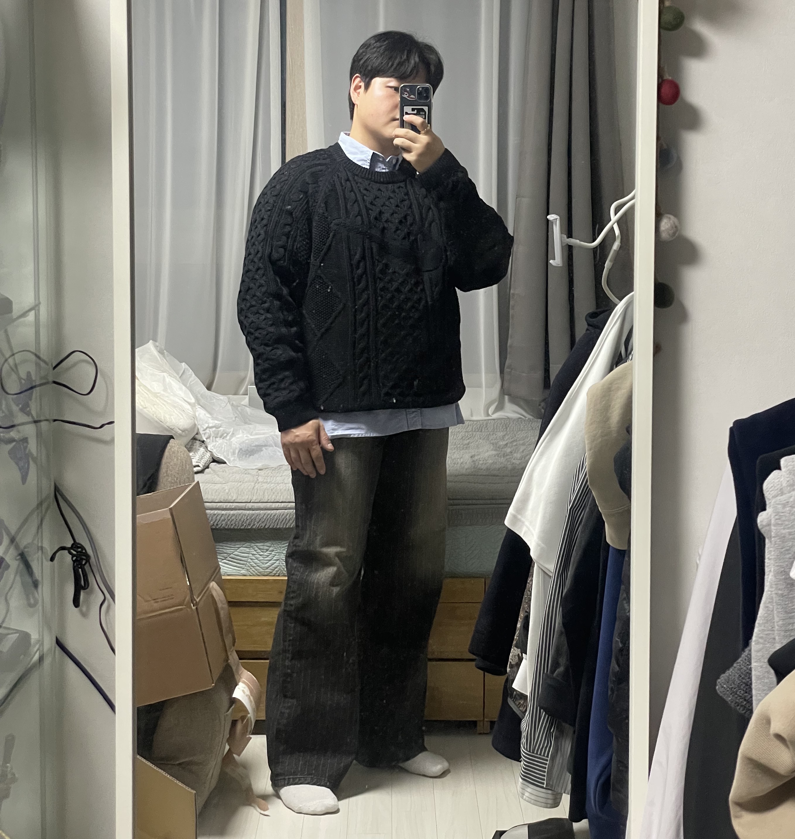 Nike Cable Knit LS Sweater Black - Asia 착용 스타일