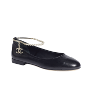 (W) Chanel Ballerina Flat Shiny Lambskin Metal Imitation Pearls & Black