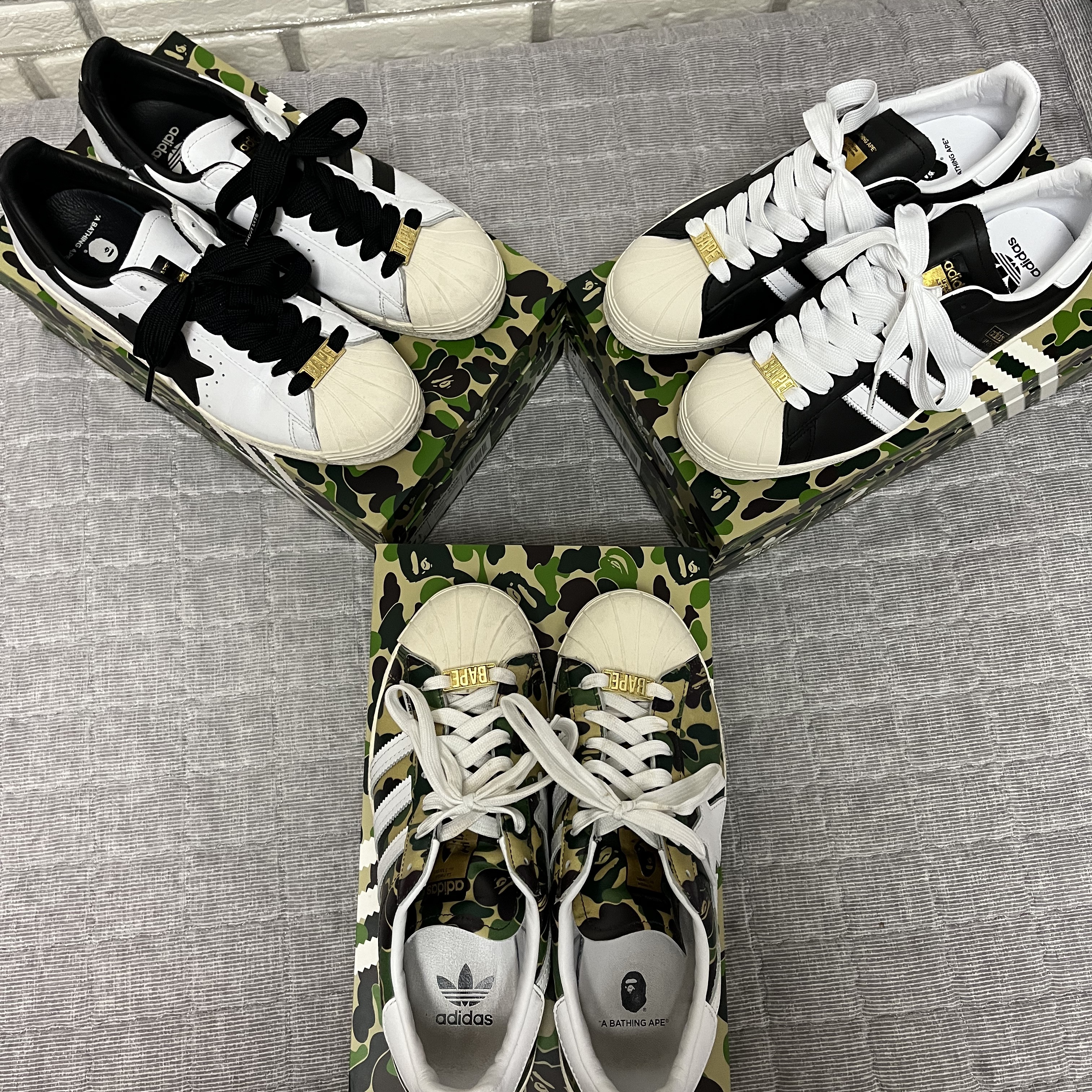Adidas x BAPE Superstar 80s Green Camo, Adidas x BAPE Superstar 80s White Black 착용 스타일