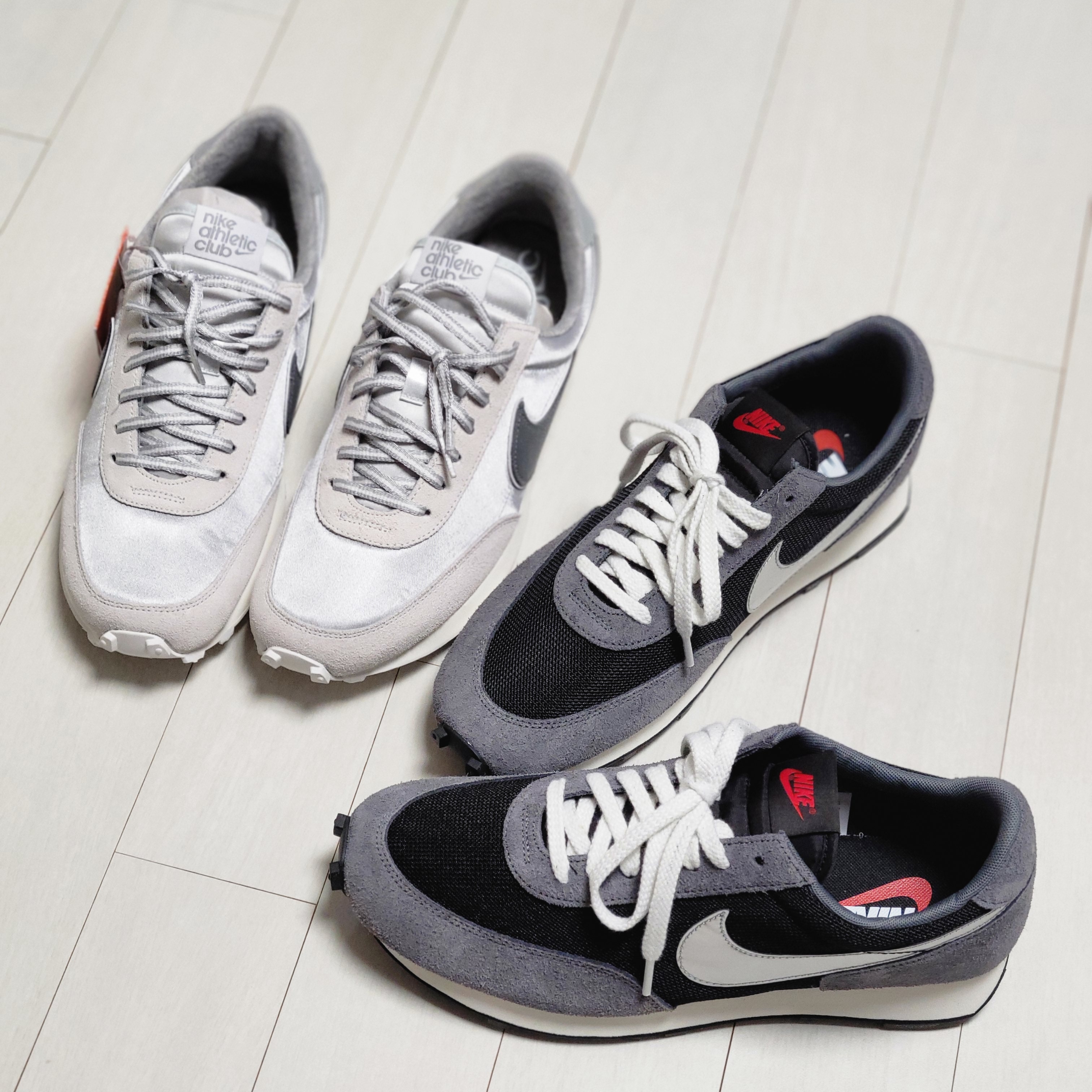 Nike Daybreak SP Black Metallic Silver, (W) Nike Daybreak SE Light Smoke Grey 착용 스타일 - 1