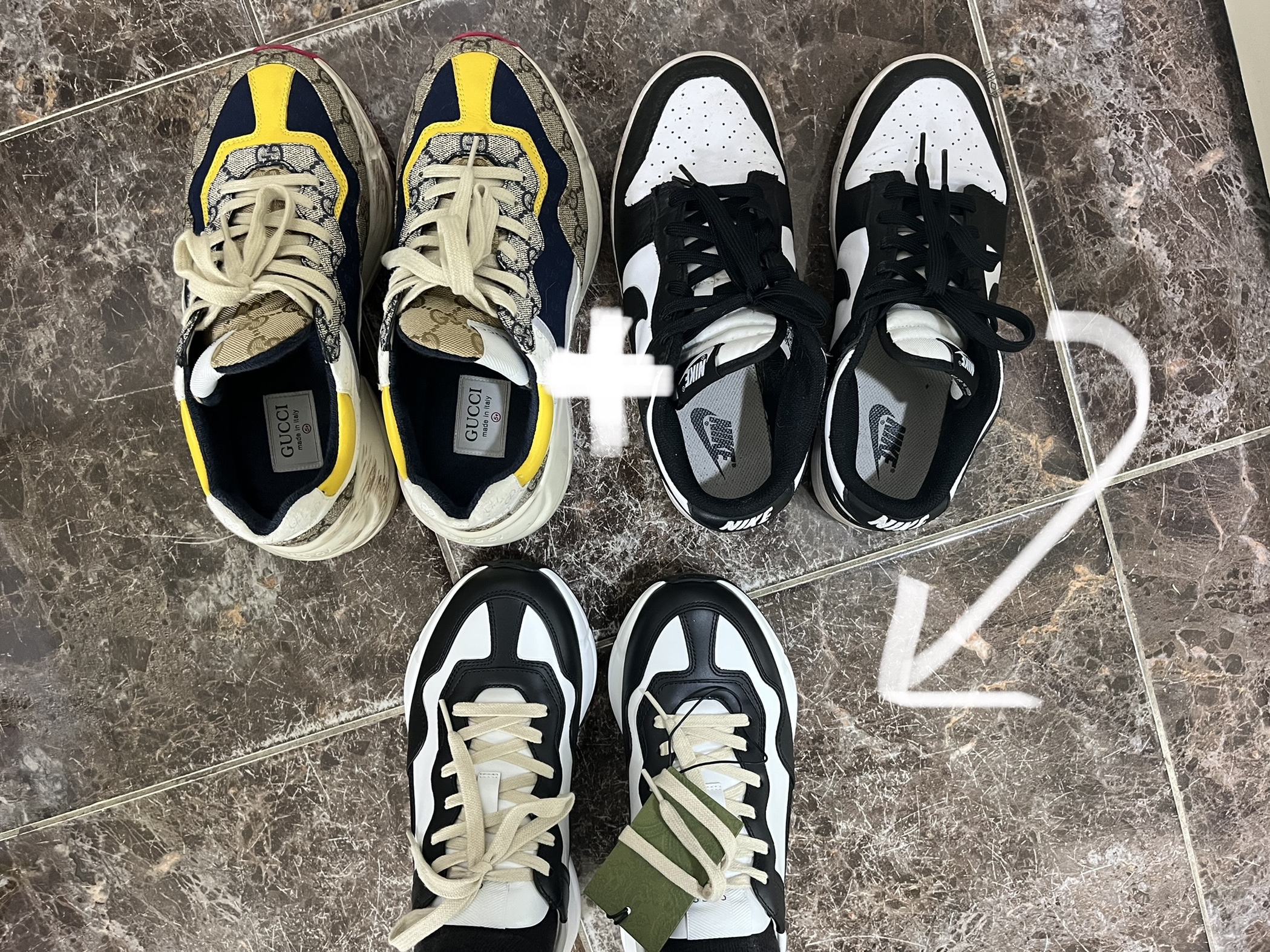 Gucci Rhyton Leather Sneakers Black White, (W) Nike Dunk Low Black 착용 스타일 - 1