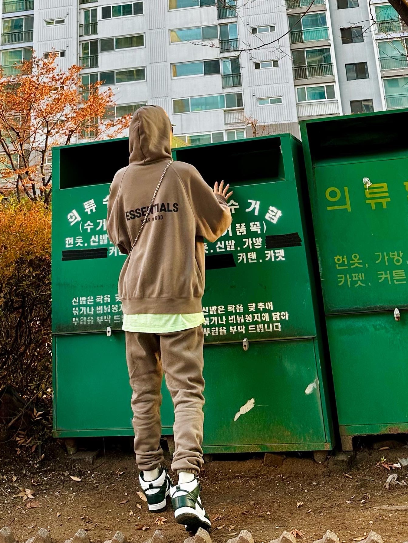 Nike Dunk High SP Spartan Green, Essentials Pull-Over Hoodie Taupe - 21SS 착용 스타일 - 3