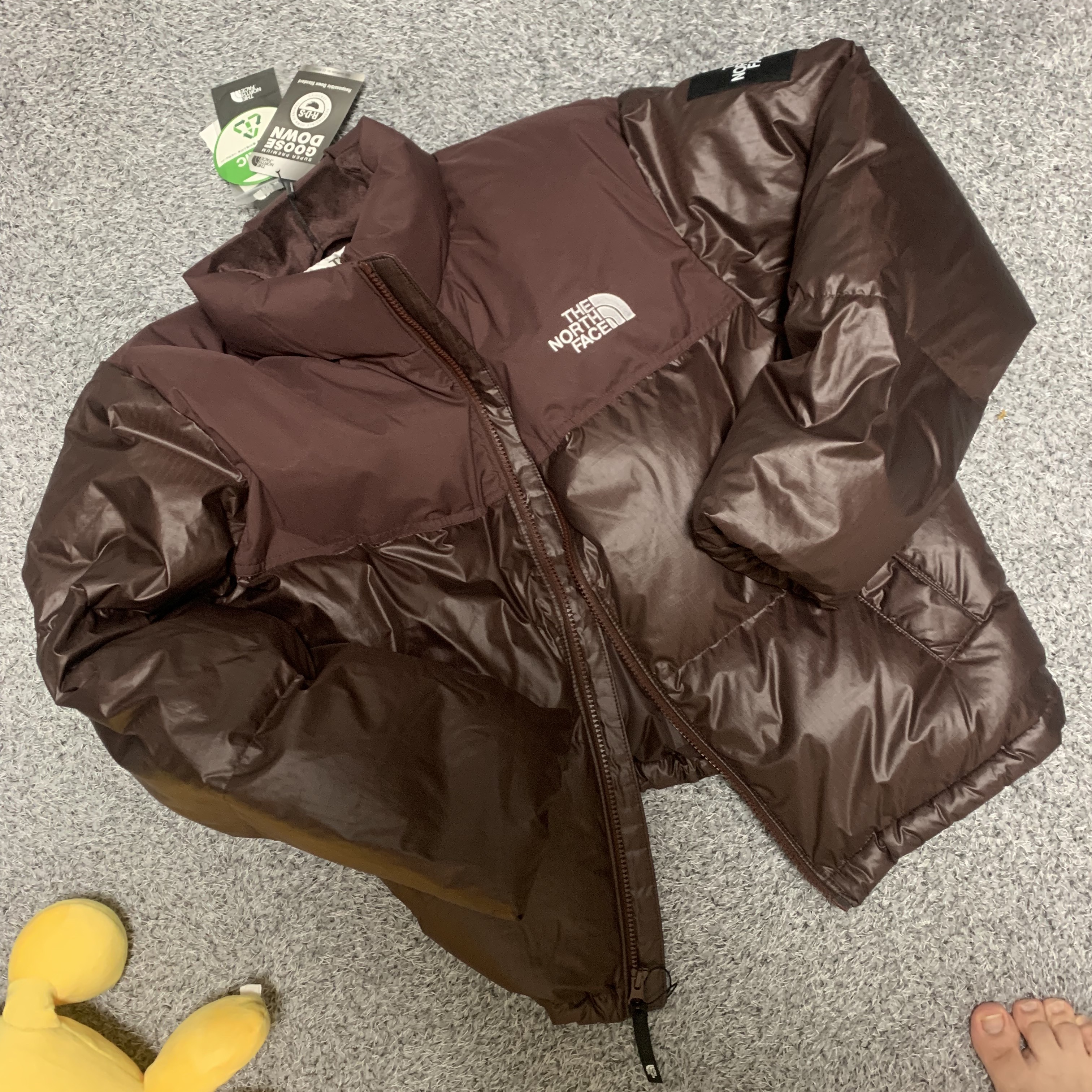 (W) The North Face White Label Novelty Nuptse Down Jacket Cocoa Brown 착용 스타일 - 4