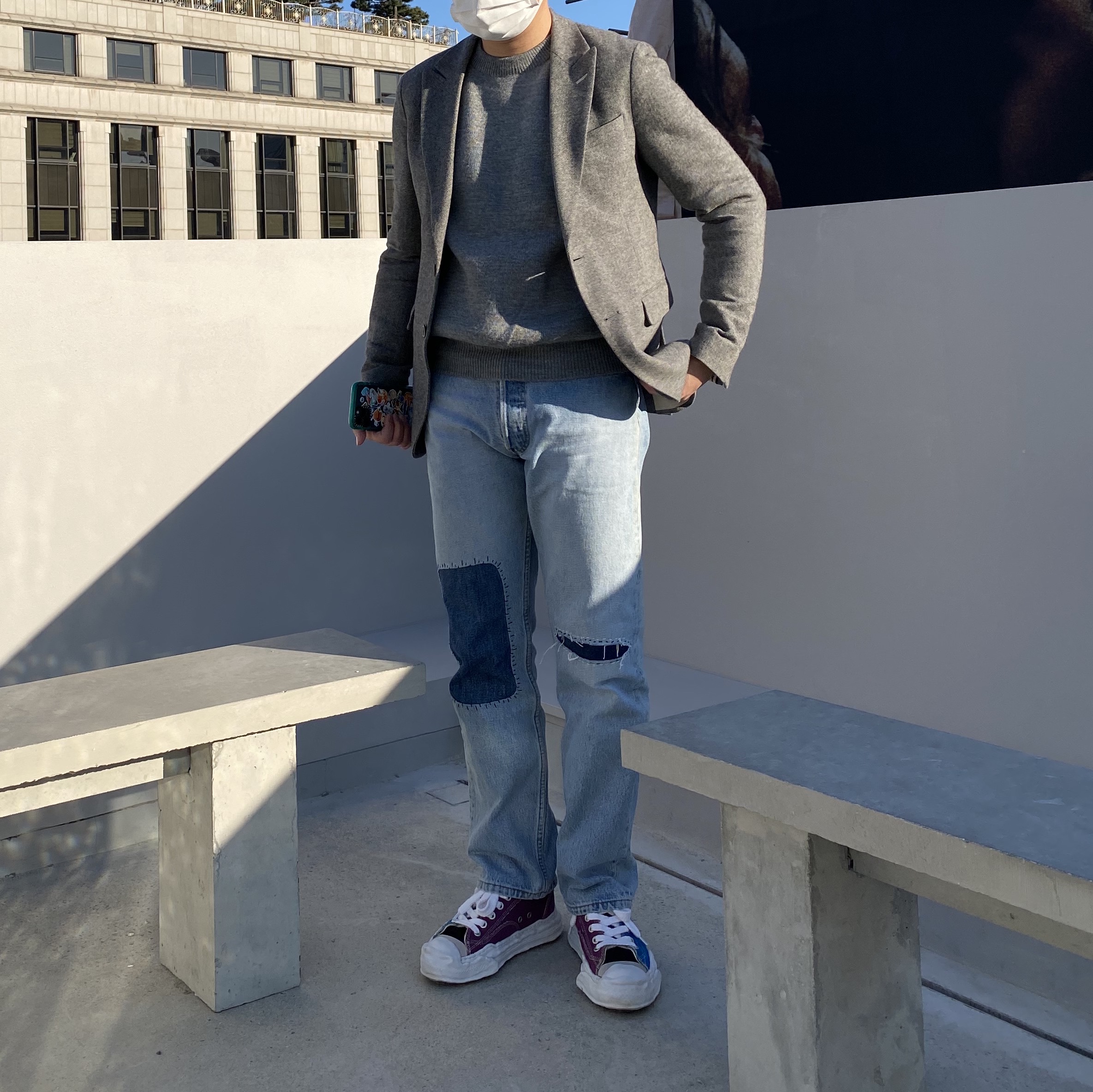 Maison Mihara Yasuhiro Hank OG Sole Canvas Low-top Sneakers Blue Purple 착용 스타일