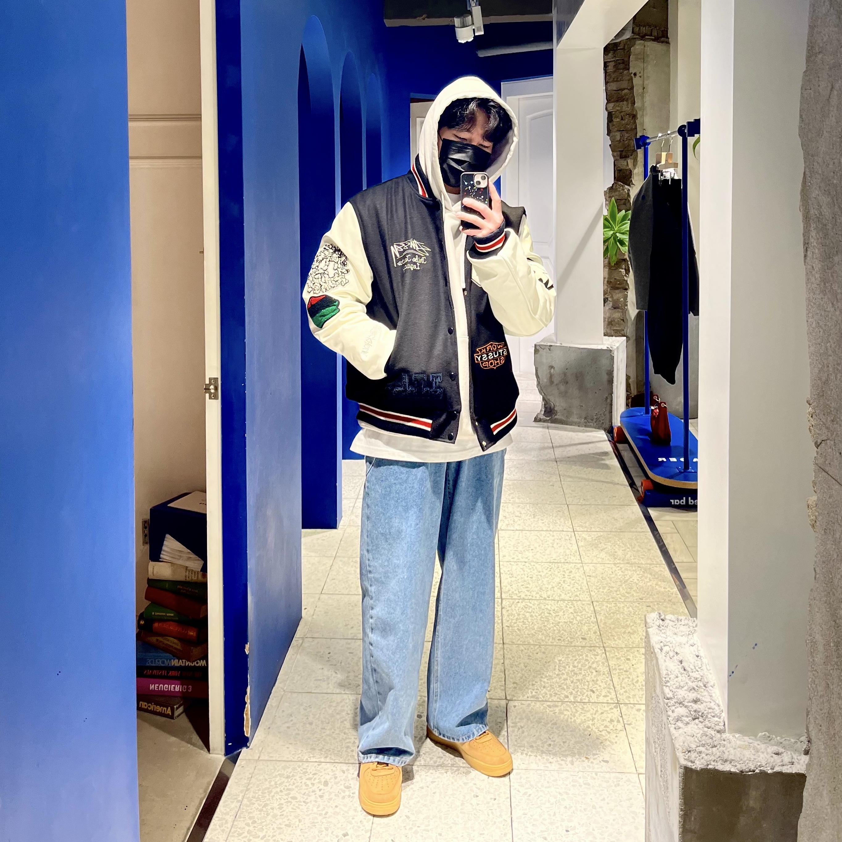 Stussy x Our Legacy x Denim Tears TTL Varsity Jacket Black, Stussy Basic Stussy Hoodie Smoke 2022 착용 스타일 - 4