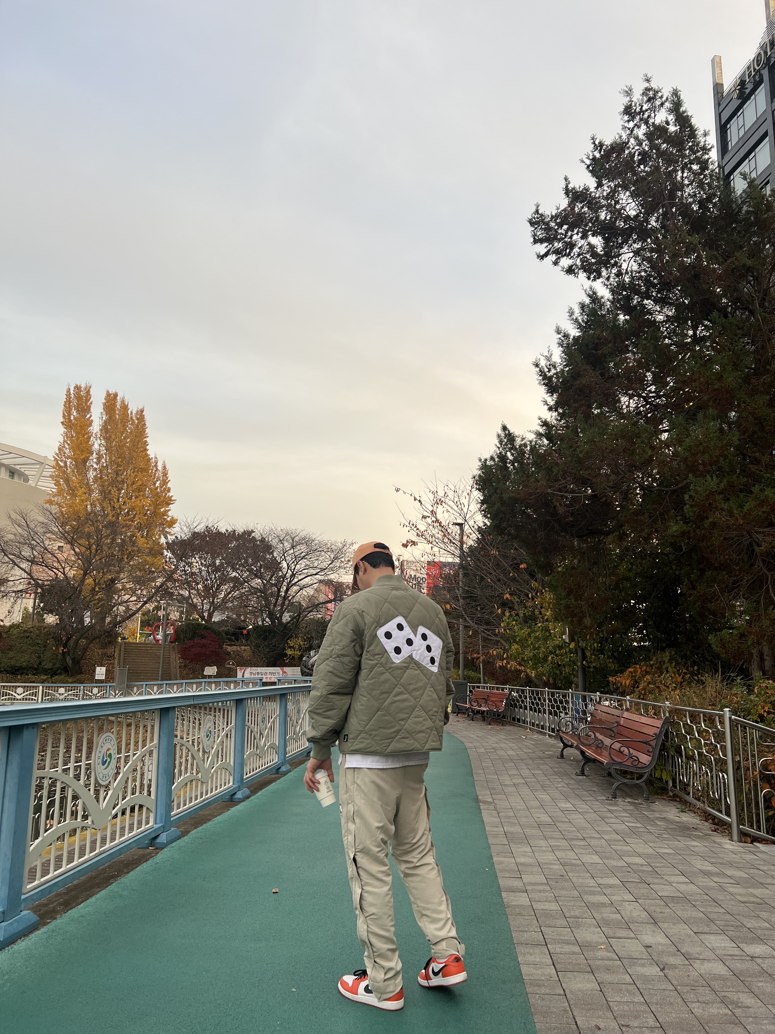Stussy Dice Quilted Liner Jacket Olive, Jordan 1 Low OG Starfish 착용 스타일
