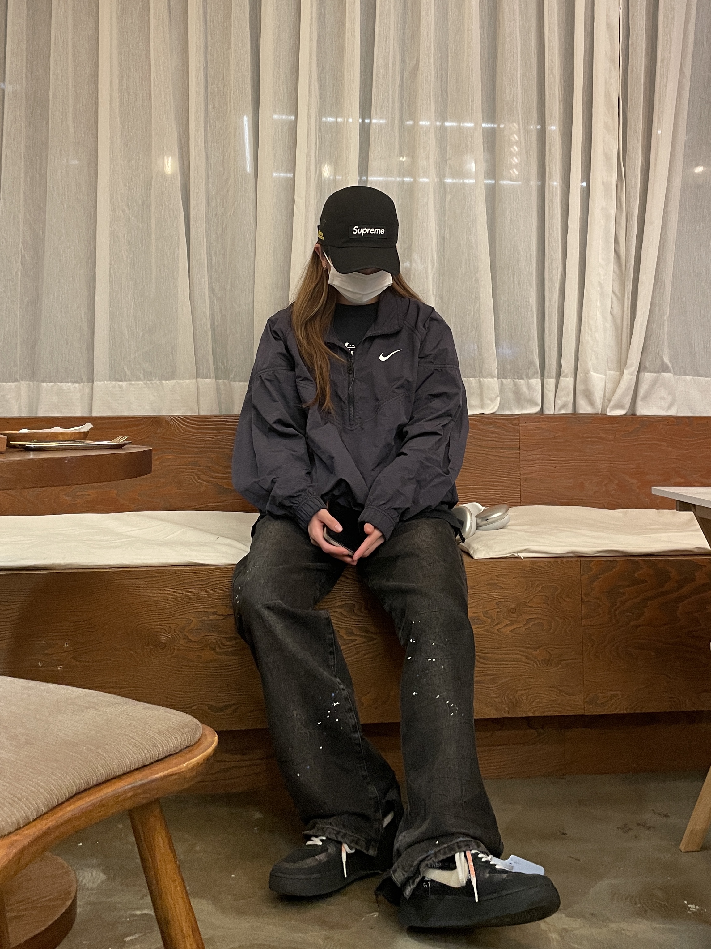 Nike x Off-White Air Force 1 Low Black White, Zara x Ader Error Slit Jeans Black 착용 스타일