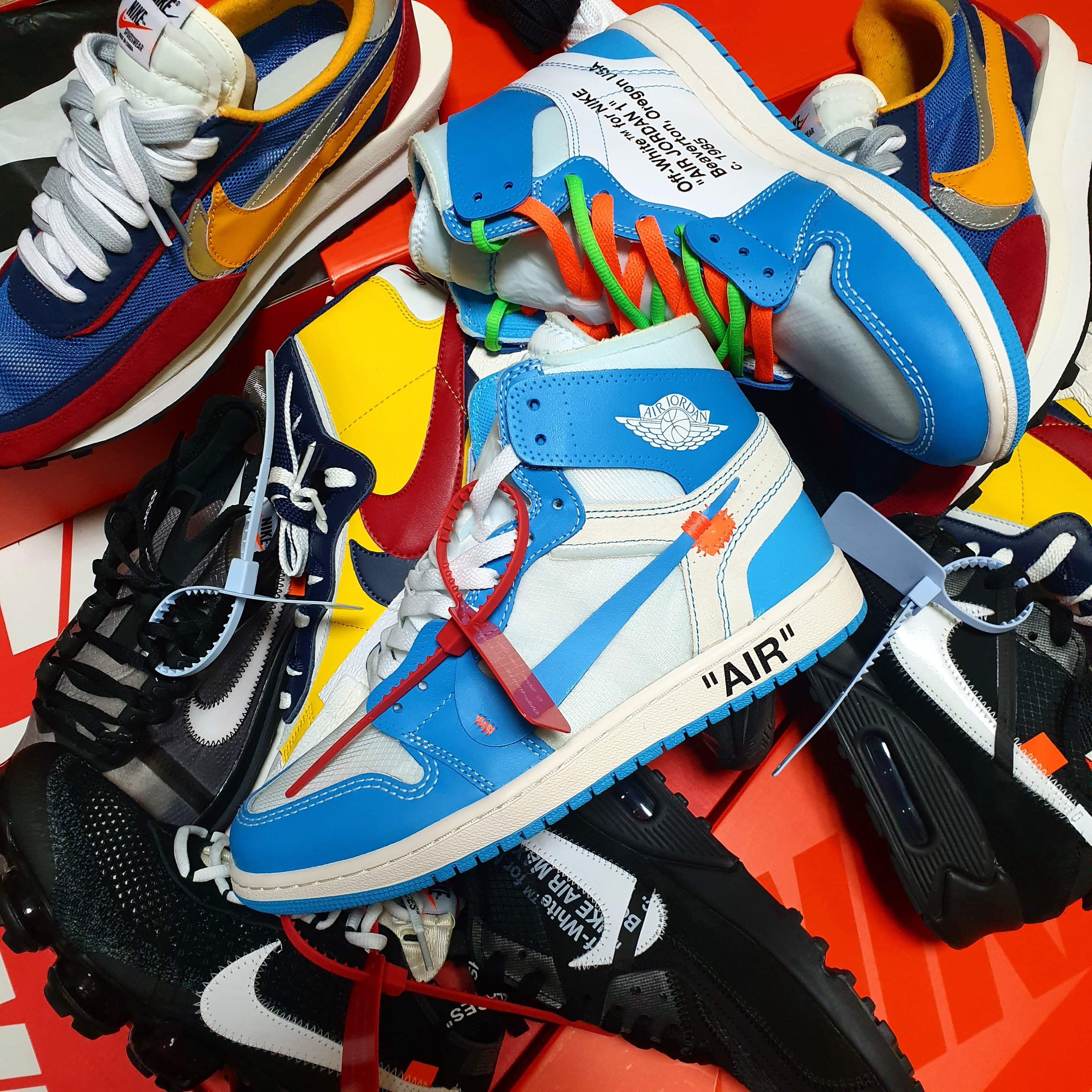 Jordan 1 x Off-White Retro High University Blue, Nike x Sacai LDWaffle Blue Multi 착용 스타일
