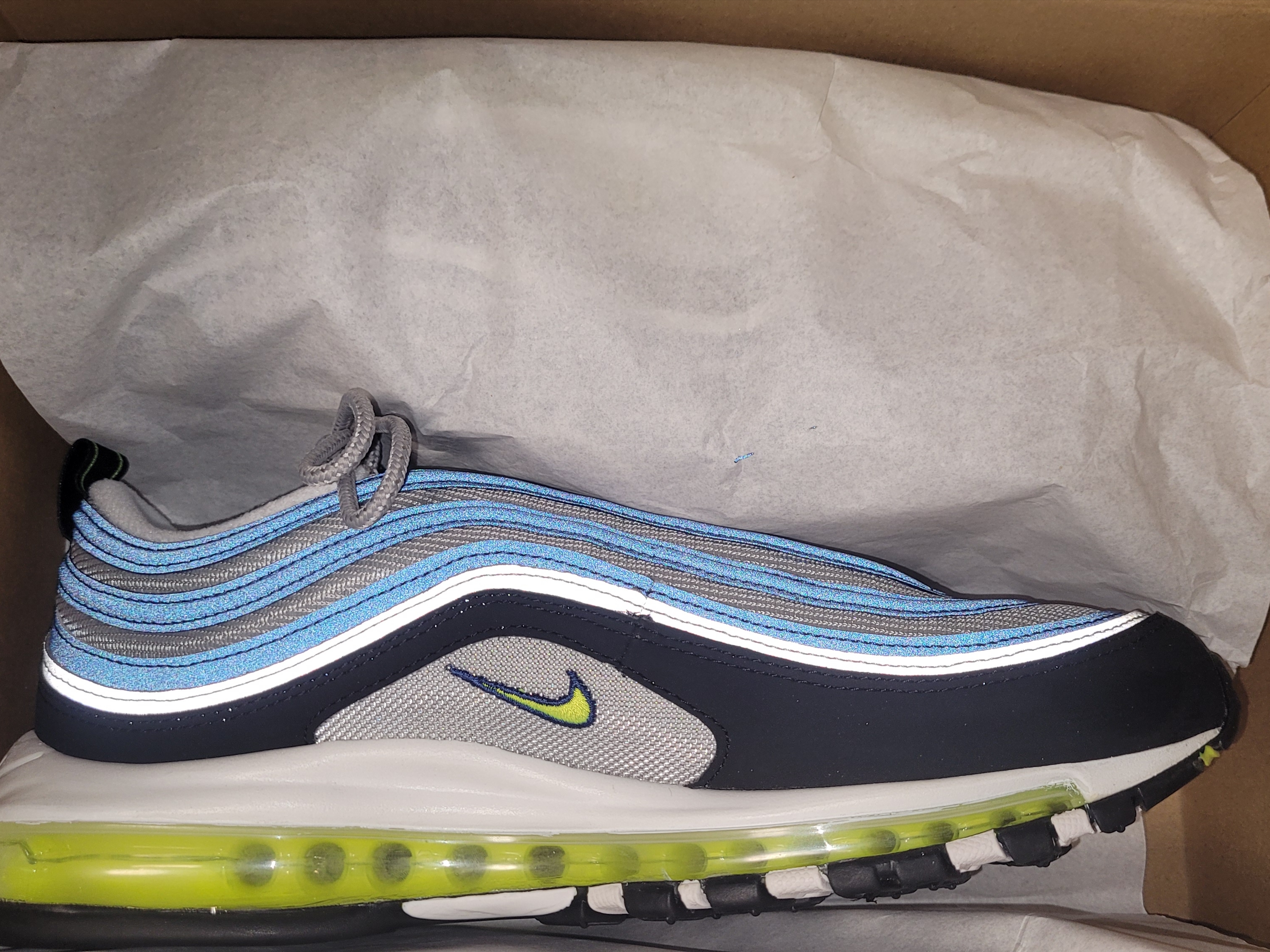 Nike Air Max 97 OG Atlantic Blue and Voltage Yellow 착용 스타일