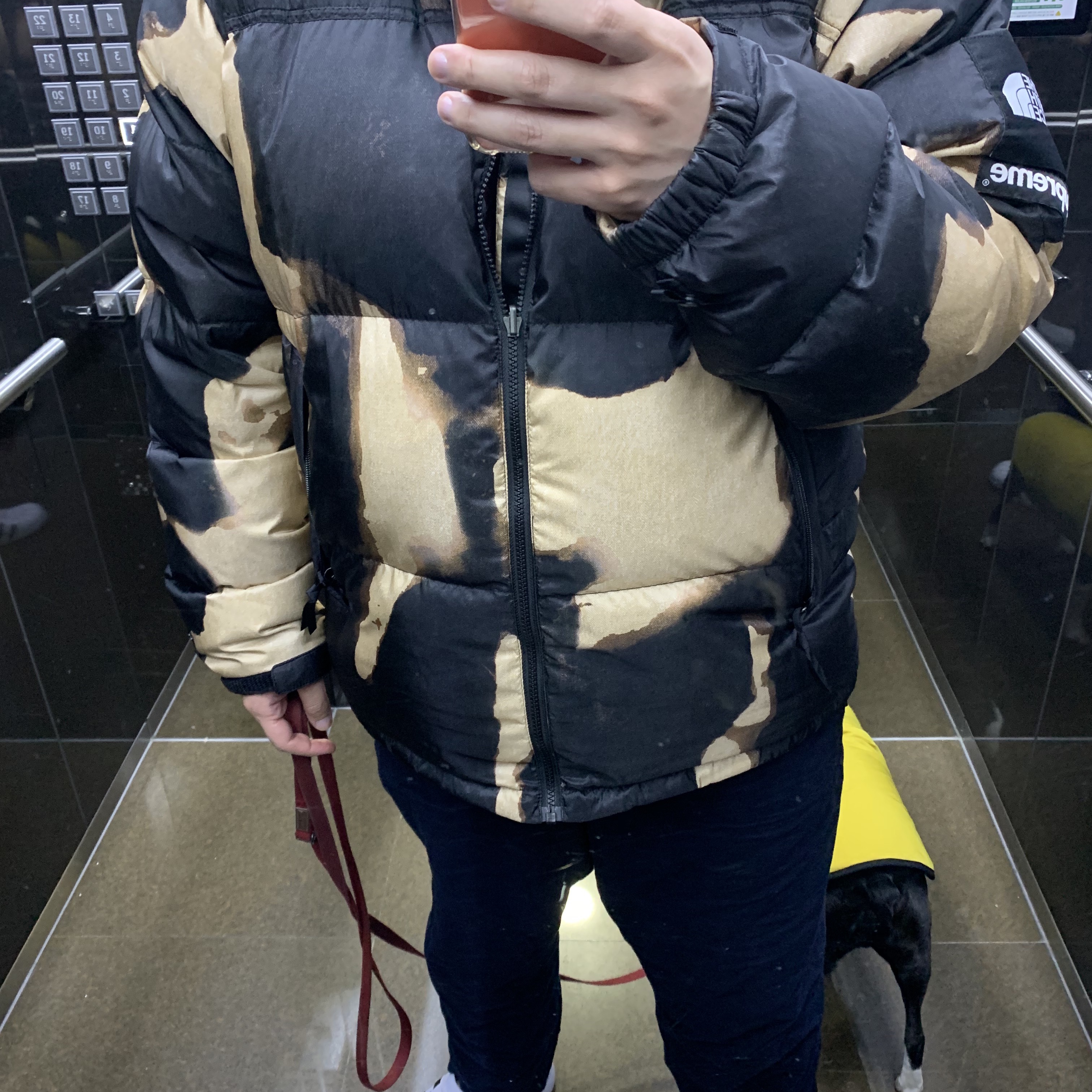 Supreme x The North Face Bleached Denim Print Nuptse Jacket Black - 21FW 착용 스타일