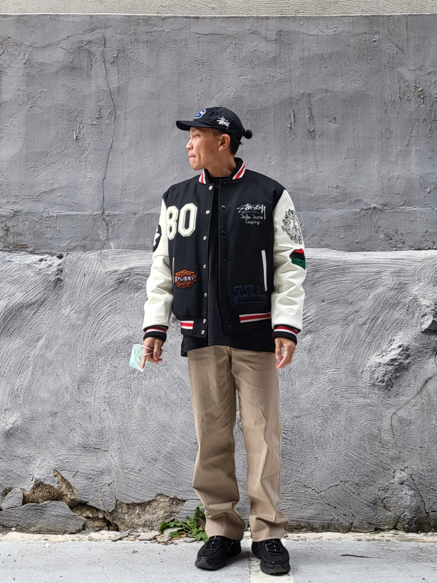 Stussy Chenille S Low Pro Cap Black, Stussy x Our Legacy x Denim Tears TTL Varsity Jacket Black 착용 스타일 - 2