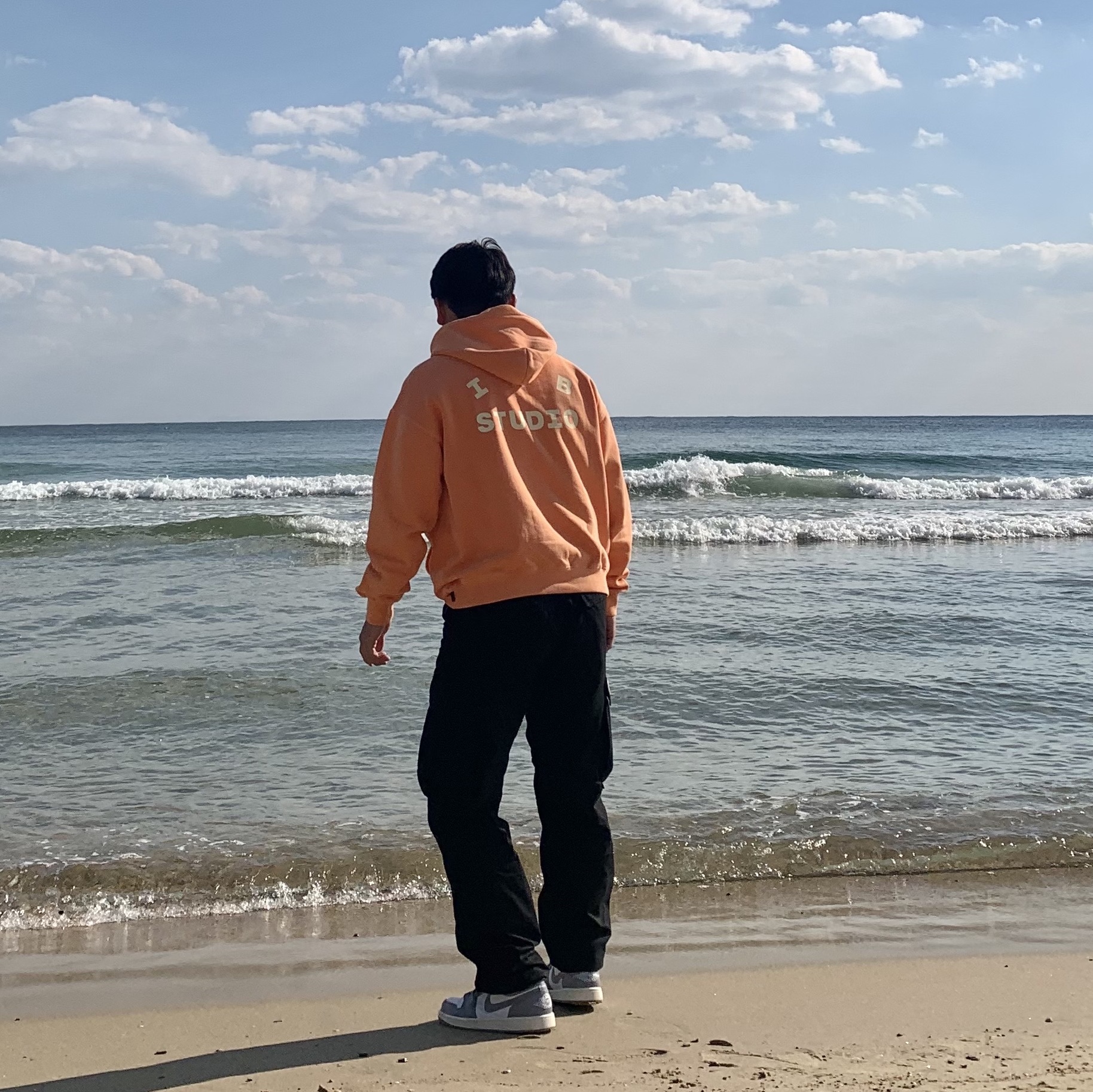 Jordan 1 Low Stealth and White, IAB Studio Pigment Hoodie & Sack Salmon 착용 스타일 - 3