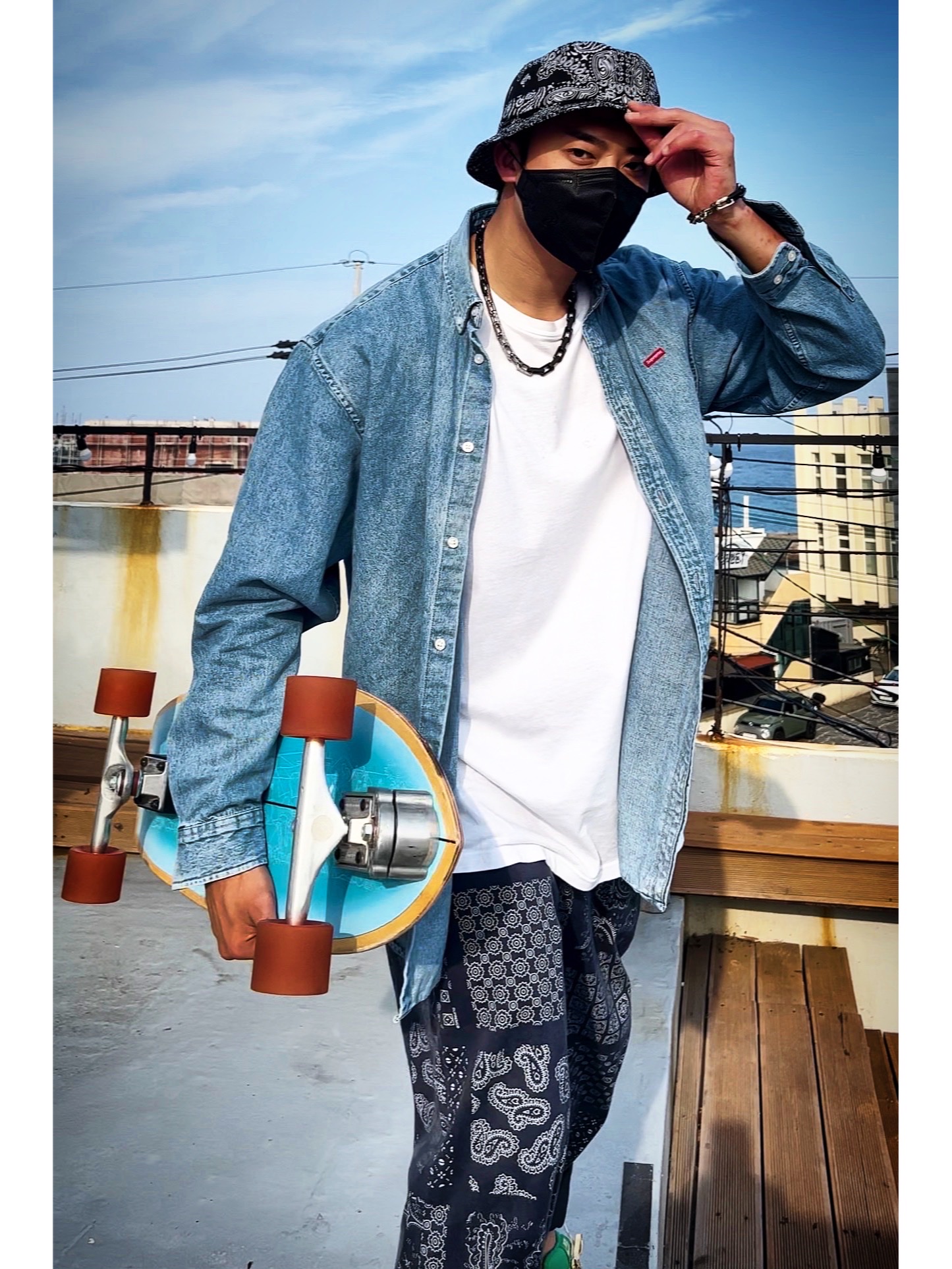 Supreme Bandana Crusher Black - 21SS, Supreme Small Box Shirt Denim - 22SS 착용 스타일 - 1