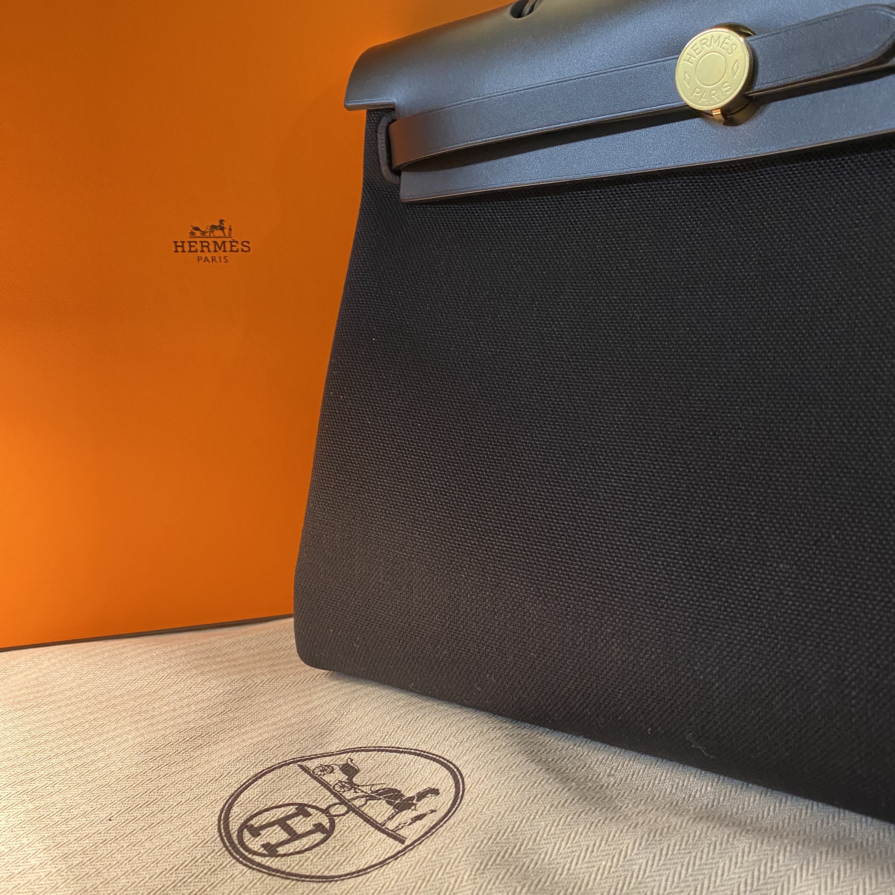 Hermes Herbag Zip 31 Bag Retourne & Gold Noir 착용 스타일 - 3