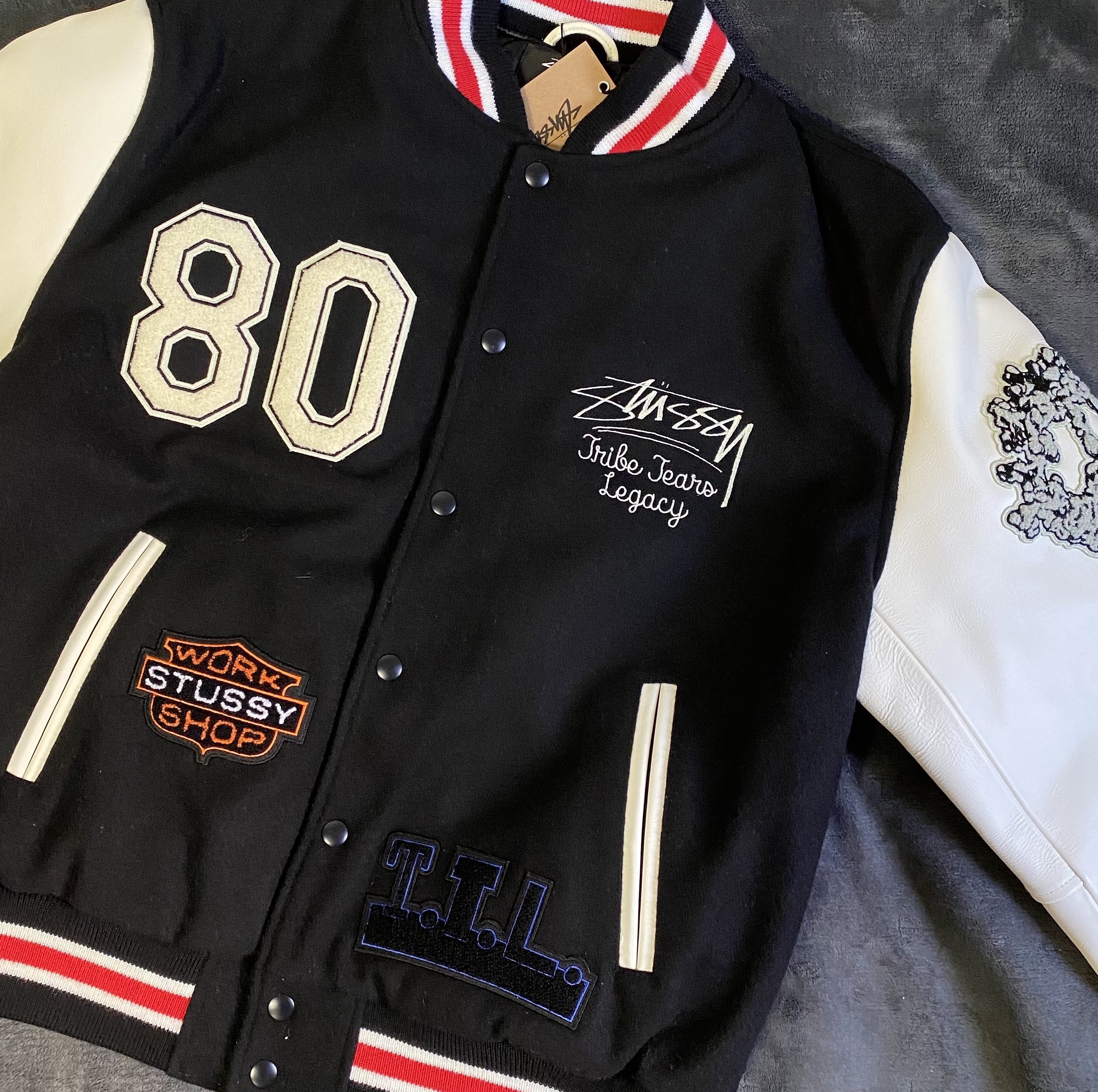 Stussy x Our Legacy x Denim Tears TTL Varsity Jacket Black 착용 스타일