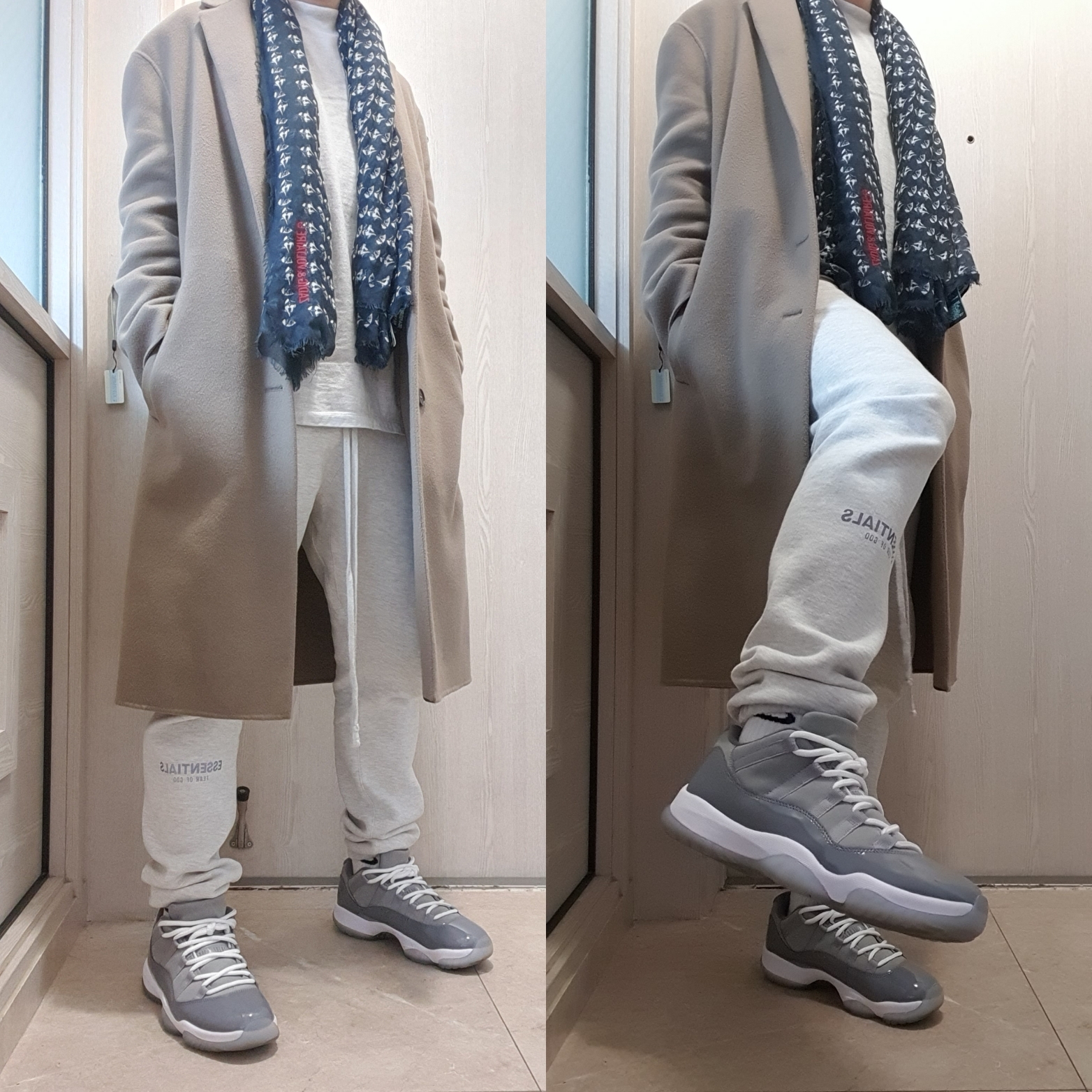 Jordan 11 Retro Low Cool Grey, Essentials Sweatpants Oatmeal/Oatmeal Heather/Light Heather Oatmeal 2020 착용 스타일