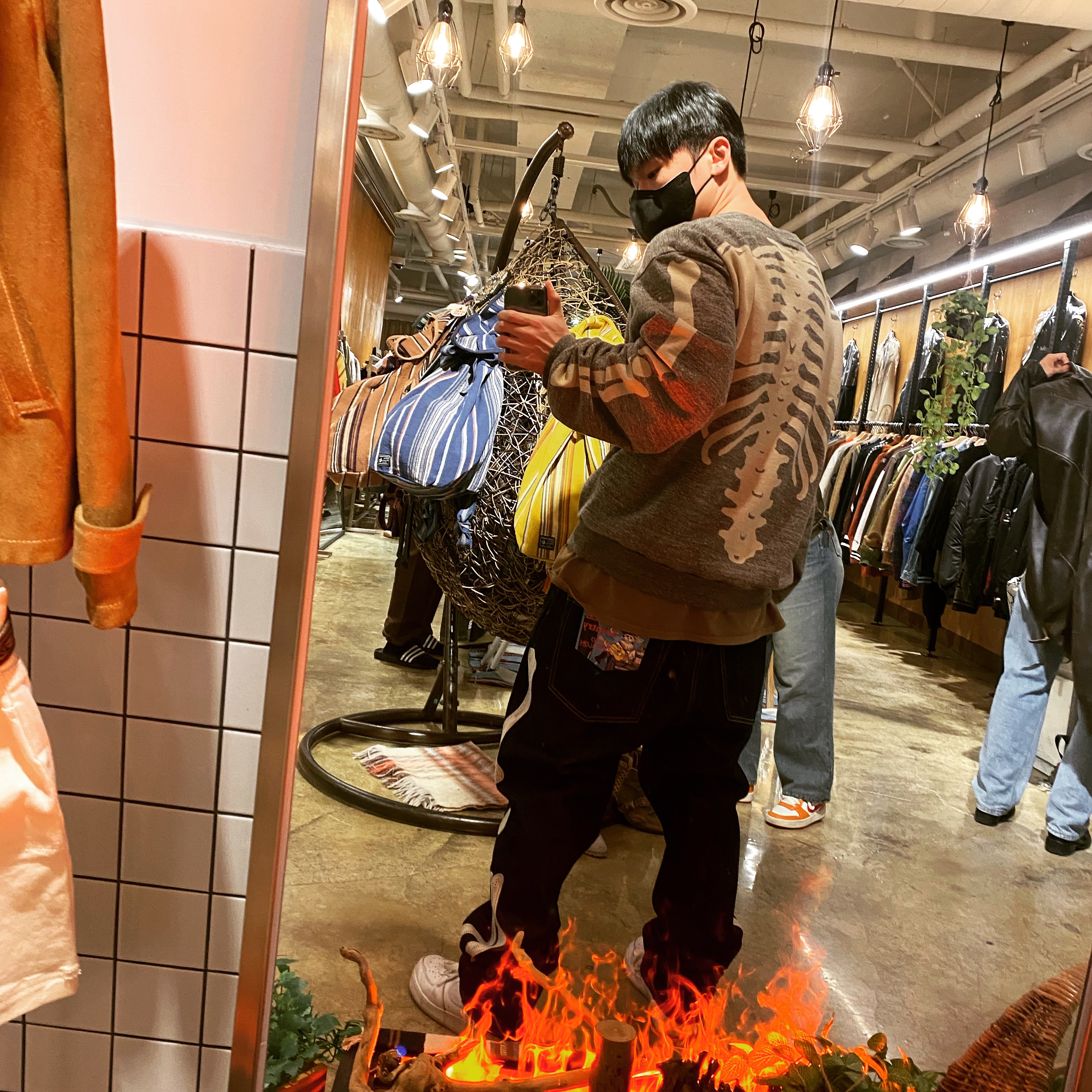 Kapital 12.5 oz. Denim Mexican Tuxedo 5P Okagilly Pants Indigo, Kapital Fleece Big Crewneck Sweat Heather Charcoal 착용 스타일