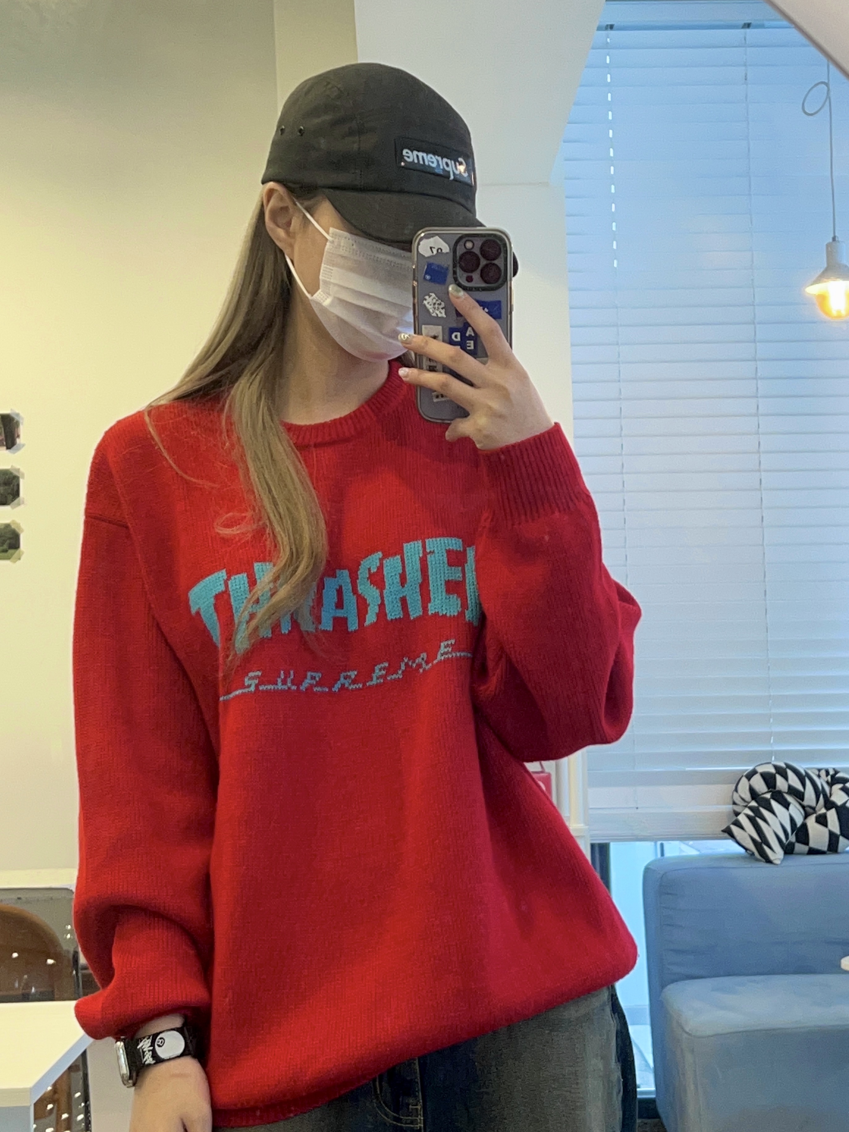 Supreme x Thrasher Sweater Red - 21FW, Supreme Inset Gel Camp Cap Black - 22SS 착용 스타일