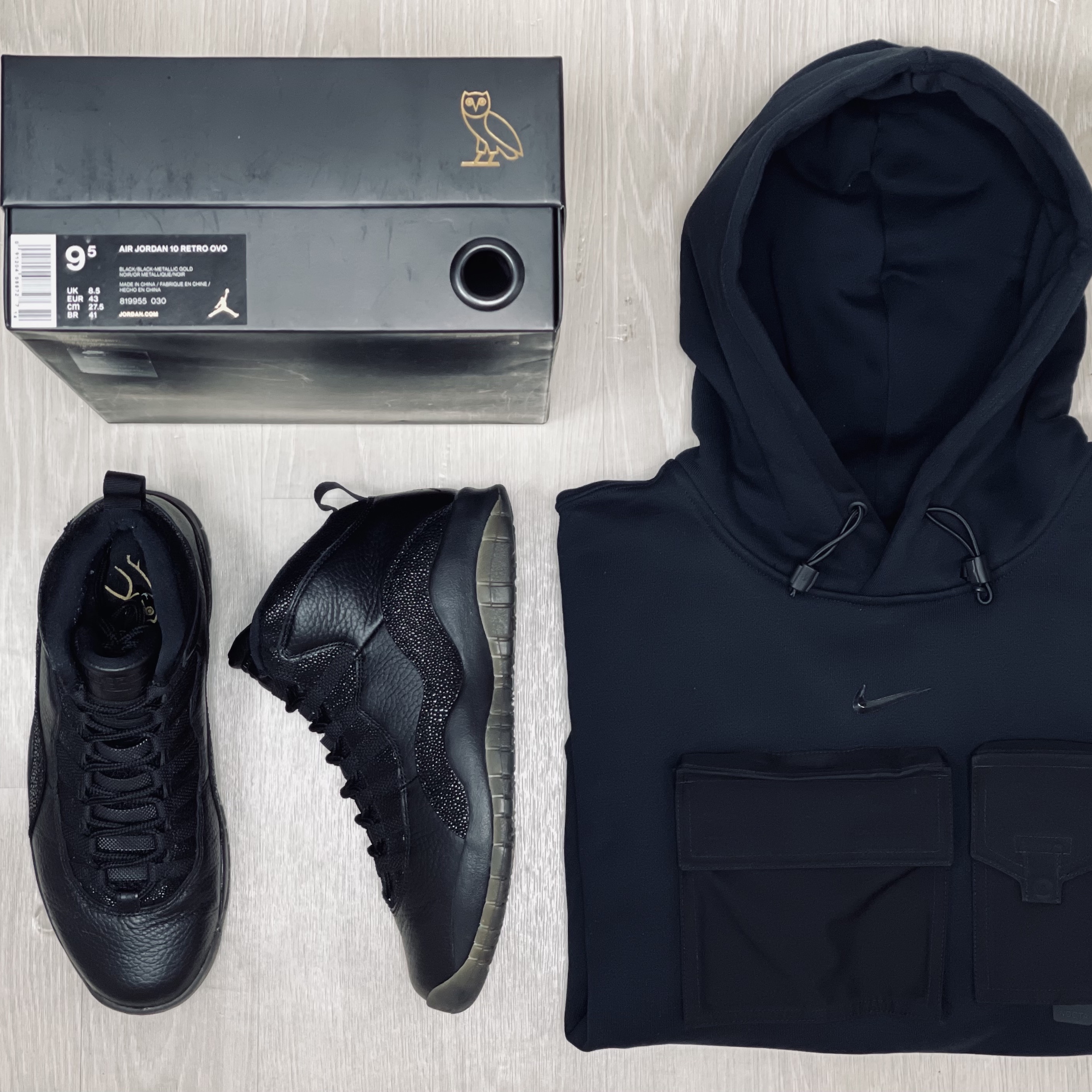 Jordan 10 Retro Drake OVO Black, Nike x Drake Nocta NRG Hoodie Black - US/EU 착용 스타일