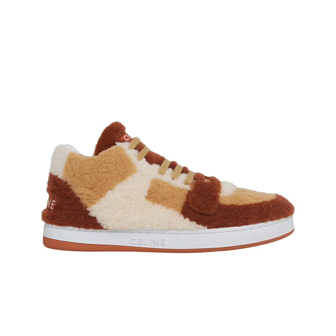 (W) 셀린느 CT-02 셔링 스크래치 미드 스니커즈 브라운 베이지 폭스 레드((W) Celine CT-02 Mid Sneakers with Scratch in Shearling Brown Beige Fox Red) - 1