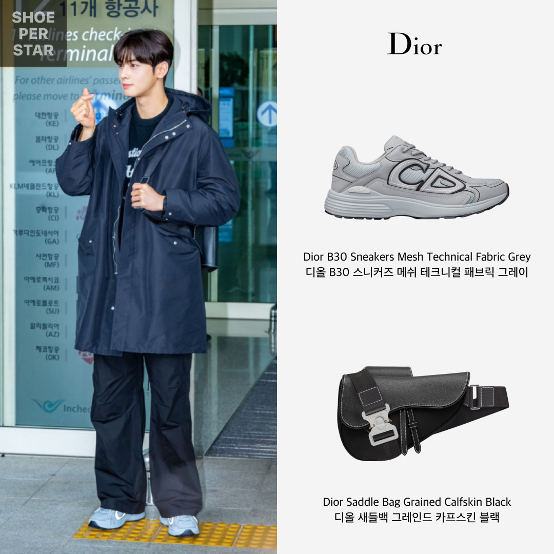 Dior B30 Sneakers Mesh Technical Fabric Grey, Dior Saddle Bag Grained Calfskin Black 착용 스타일 - 1
