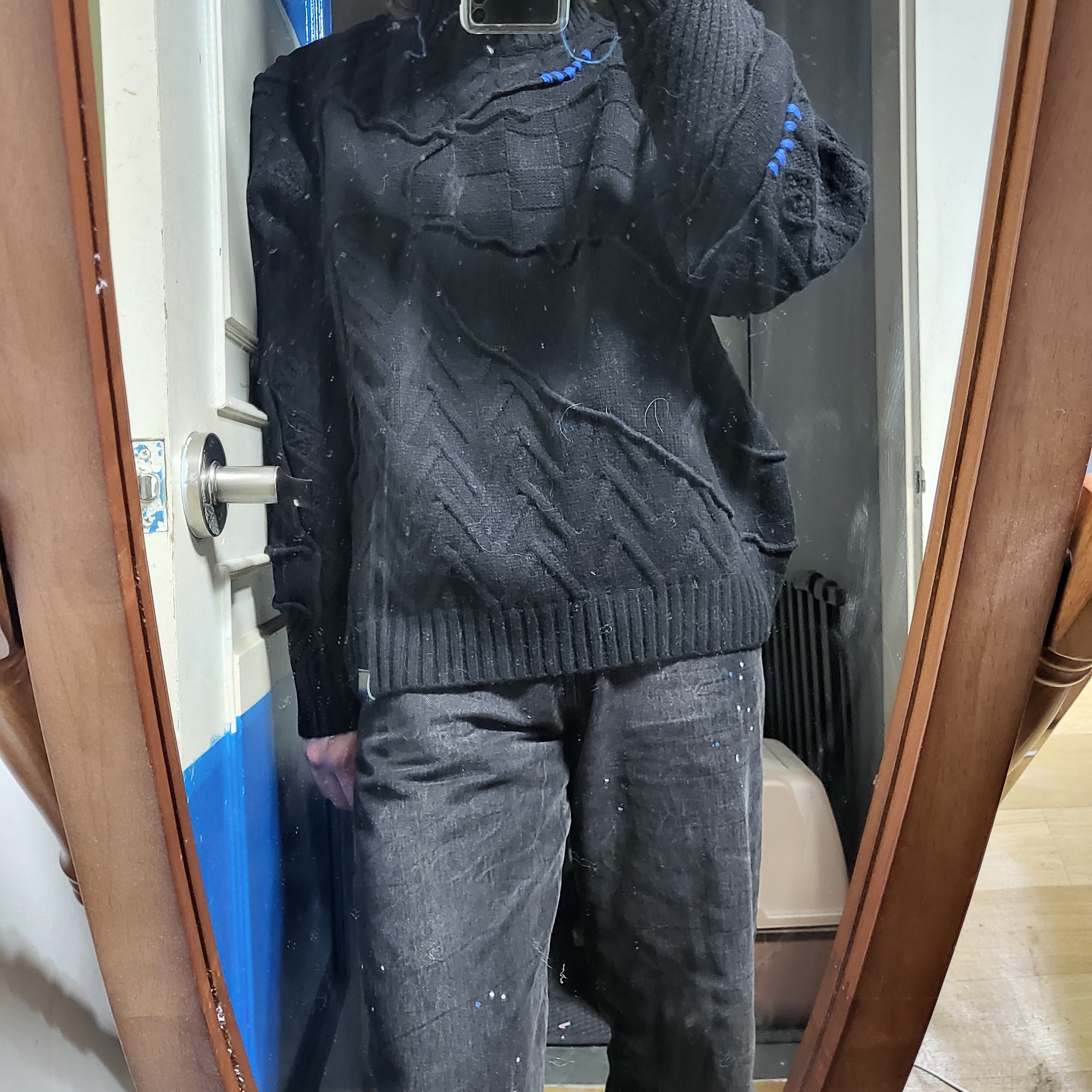 Zara x Ader Error Patchwork Oversize Knit Sweater Black, Zara x Ader Error Slit Jeans Black 착용 스타일 - 1