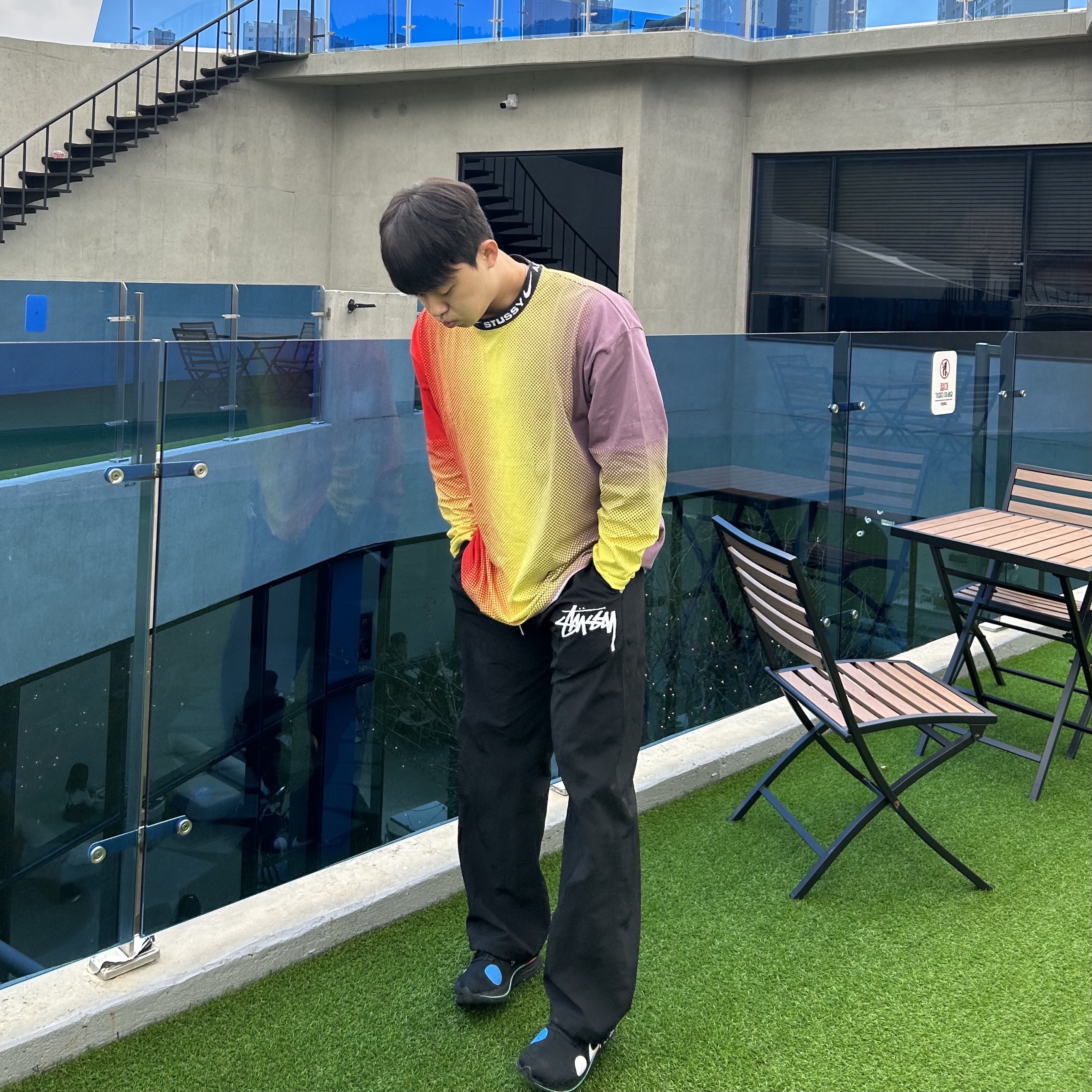 Nike x Off-White Zoom Fly Mercurial Black, Nike x Stussy NRG FL LS Top Multi Color (DO5308-902) 착용 스타일