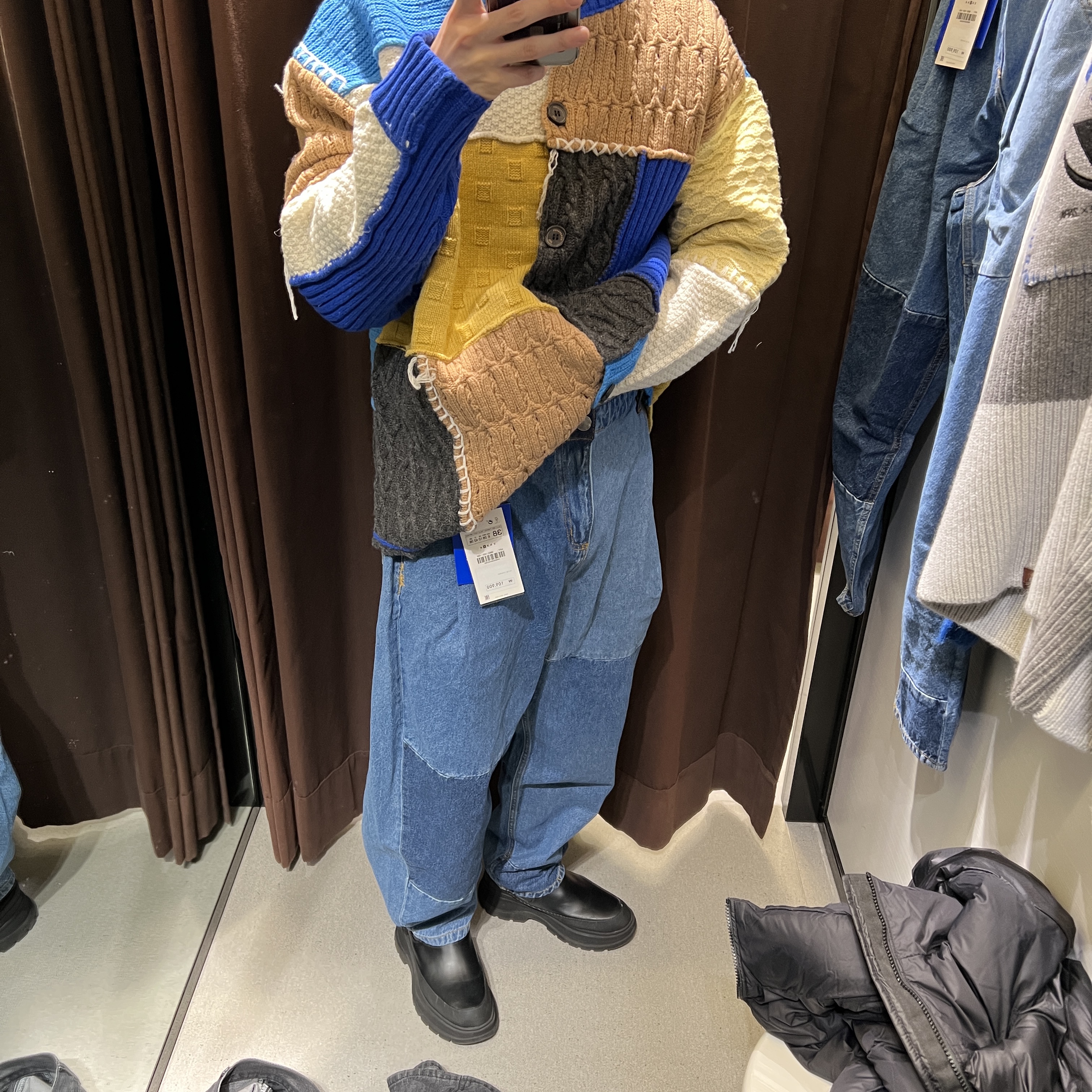 Zara x Ader Error Patchwork Oversize Knit Sweater Multicolor, Zara x Ader Error Patchwork Oversize Knit Sweater Black 착용 스타일 - 5