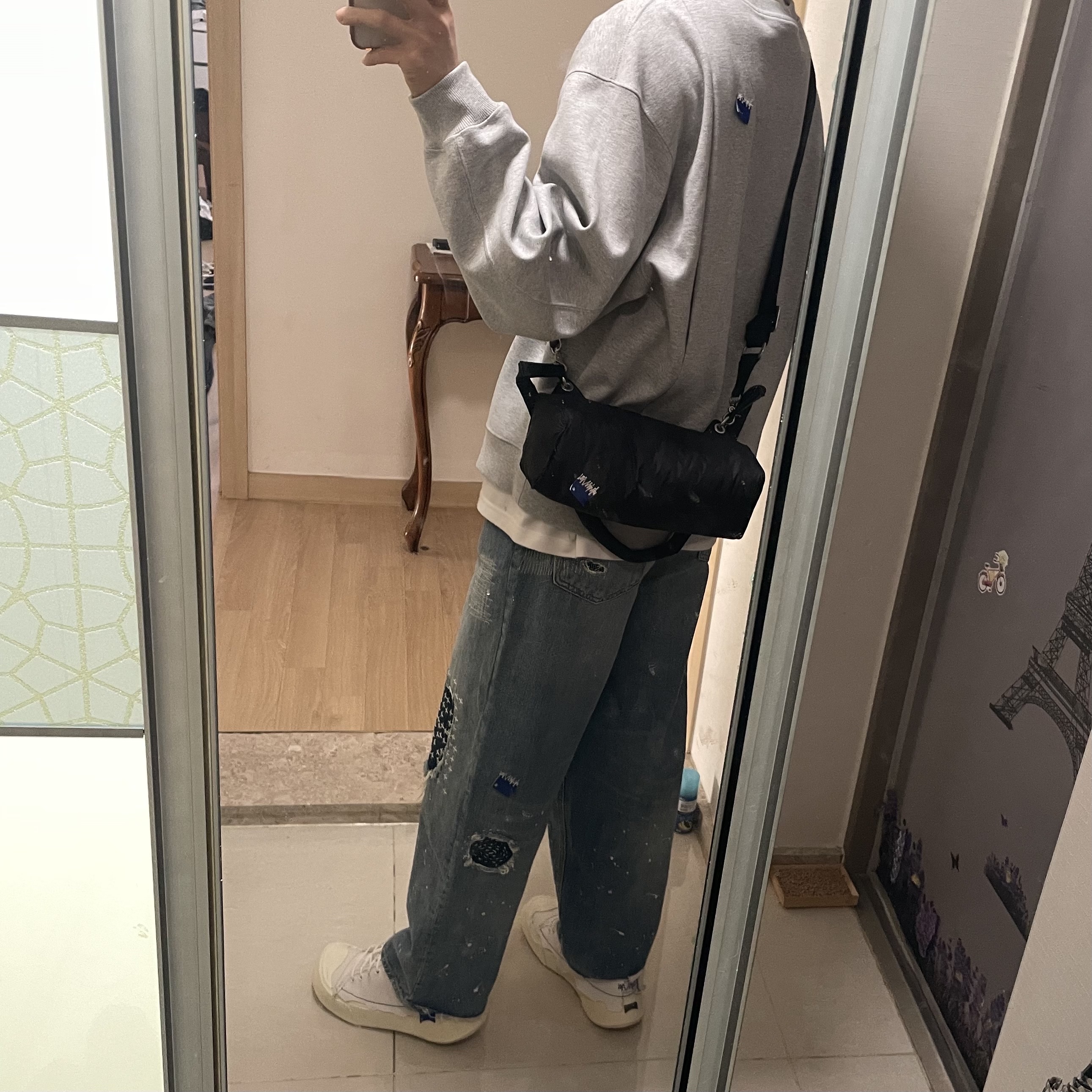 Zara x Ader Error Patchwork Jeans Blue, Ader Error x Zara Shoulder Bag Black 착용 스타일 - 4