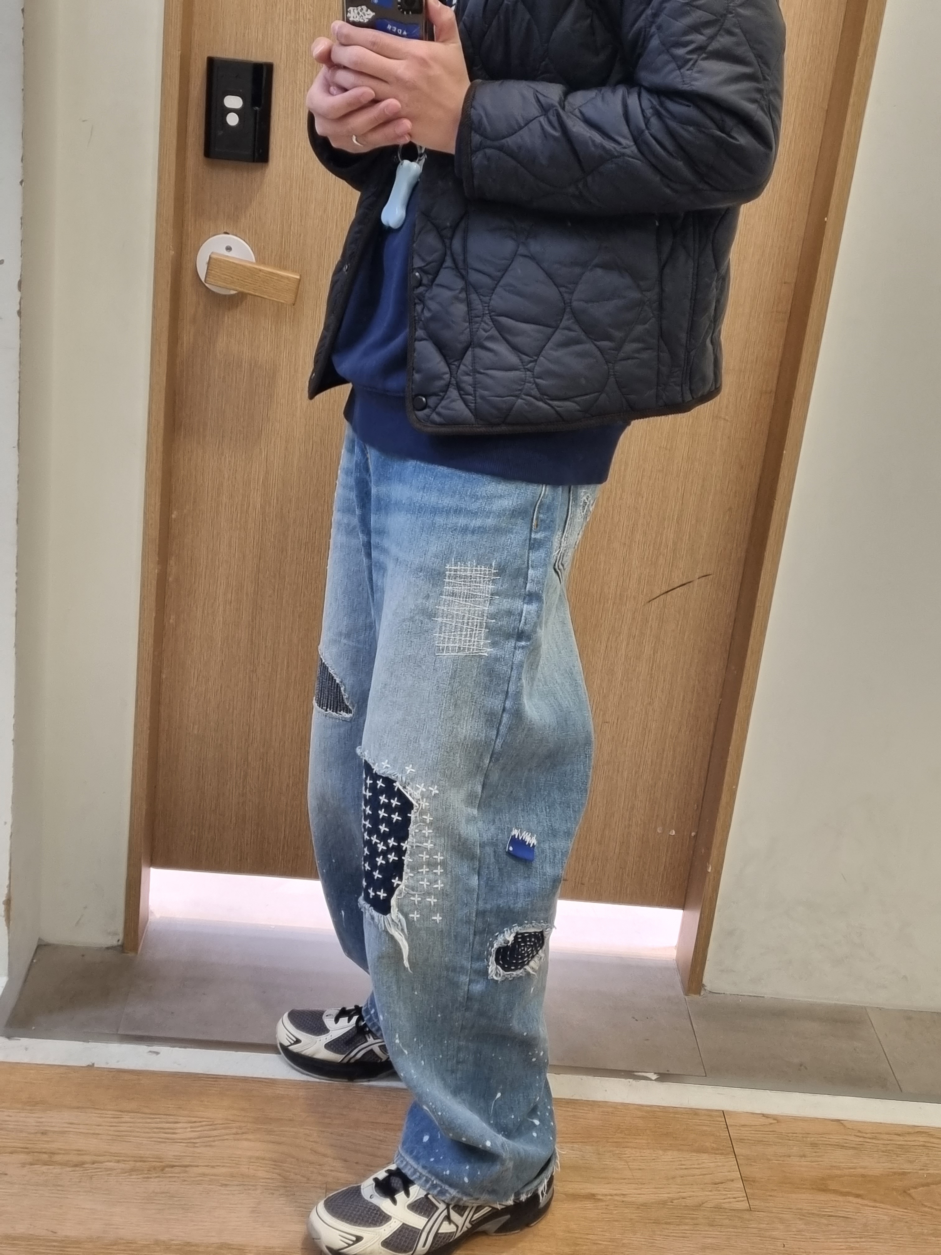 Zara x Ader Error Patchwork Jeans Blue, Asics x I4P Gel-1130 Mink Glacier Grey 착용 스타일
