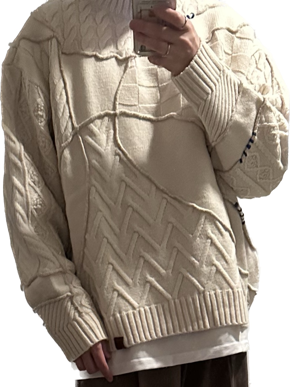 Zara x Ader Error Patchwork Oversize Knit Sweater Cream 착용 스타일