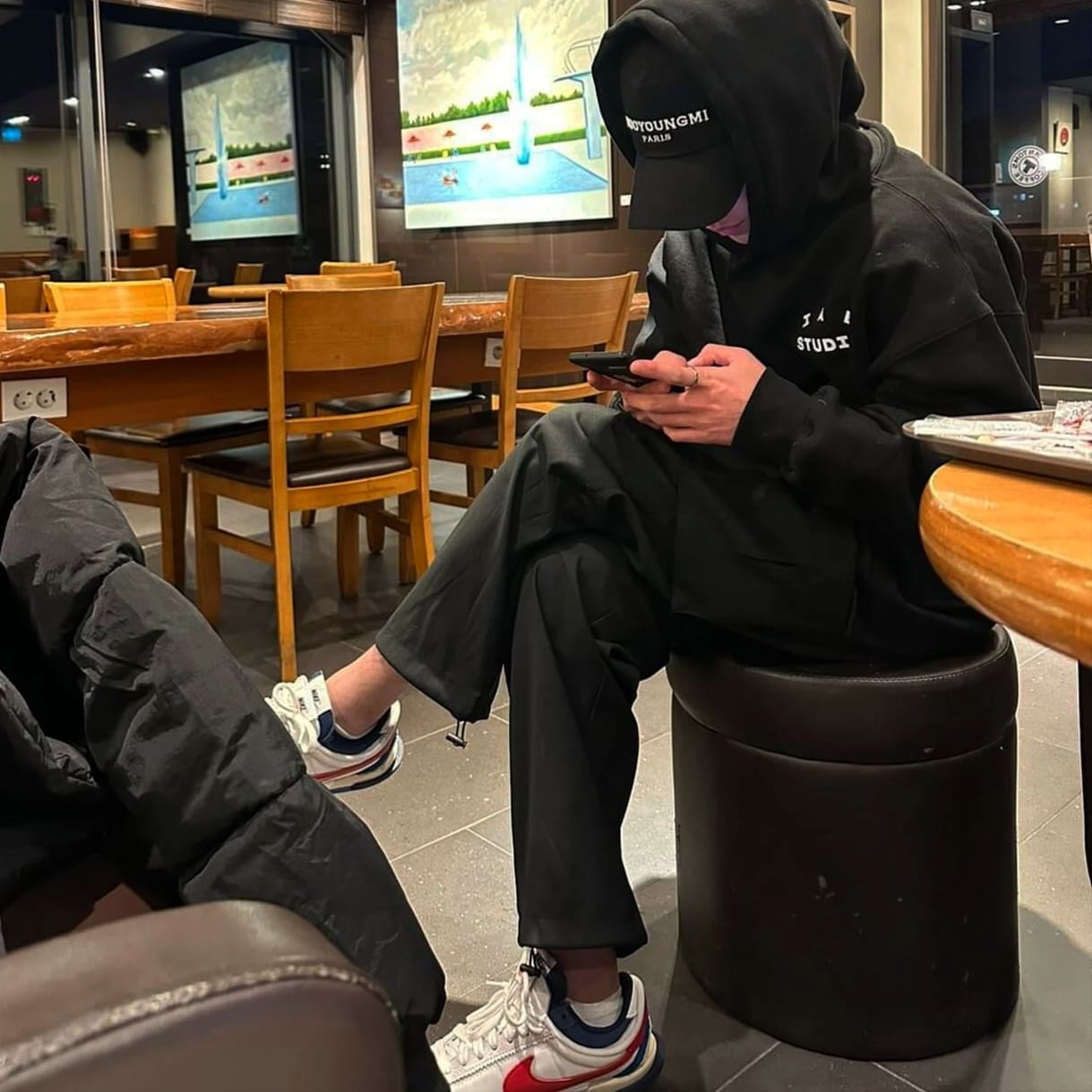 Nike x Sacai Zoom Cortez SP White and University Red, IAB Studio Hoodie Black White 착용 스타일