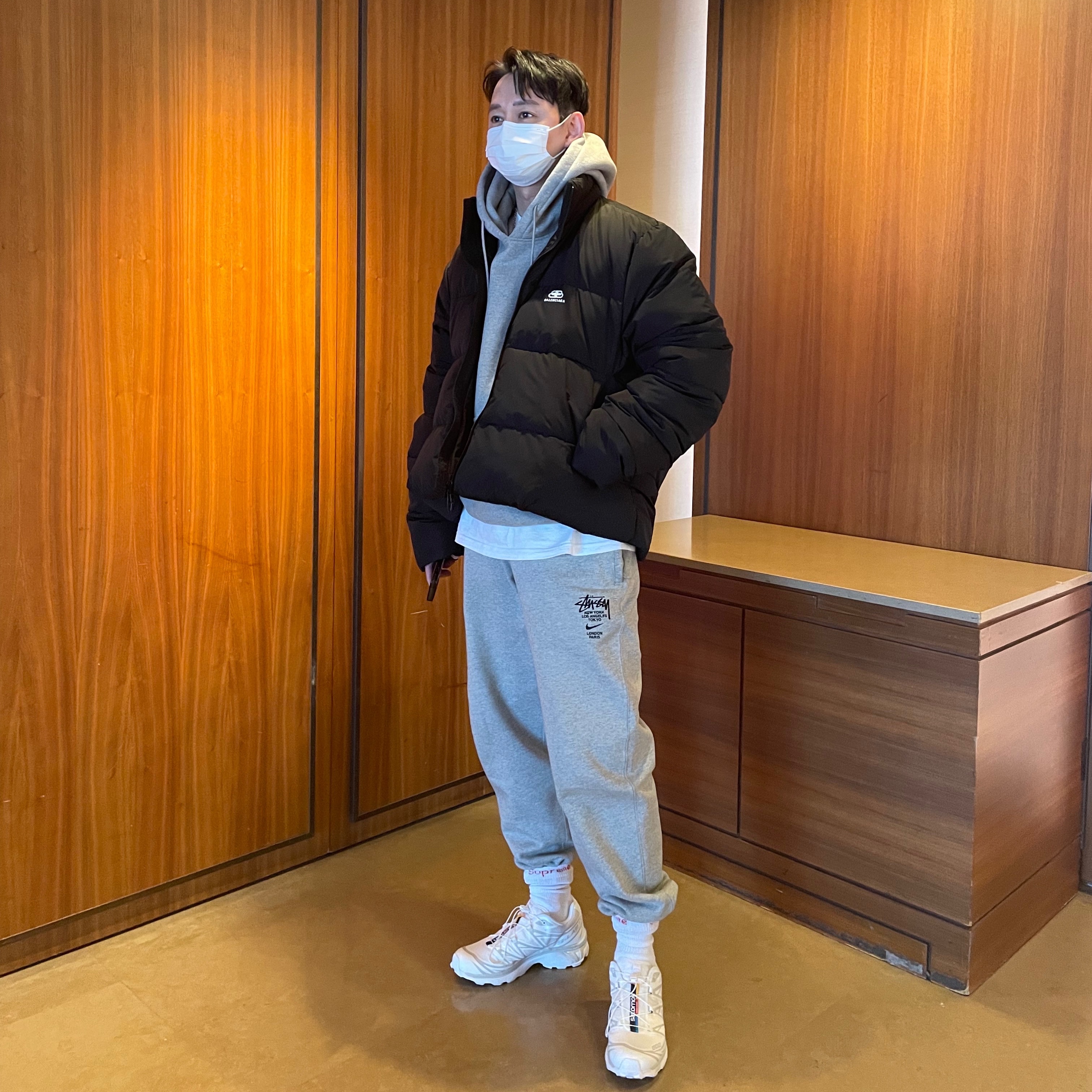 Nike x Stussy NRG RA Pullover Hoodie Dark Grey Heather (DJ9488-063), Nike x Stussy NRG ZR Fleece Pants Heather Grey - Asia 착용 스타일 - 1
