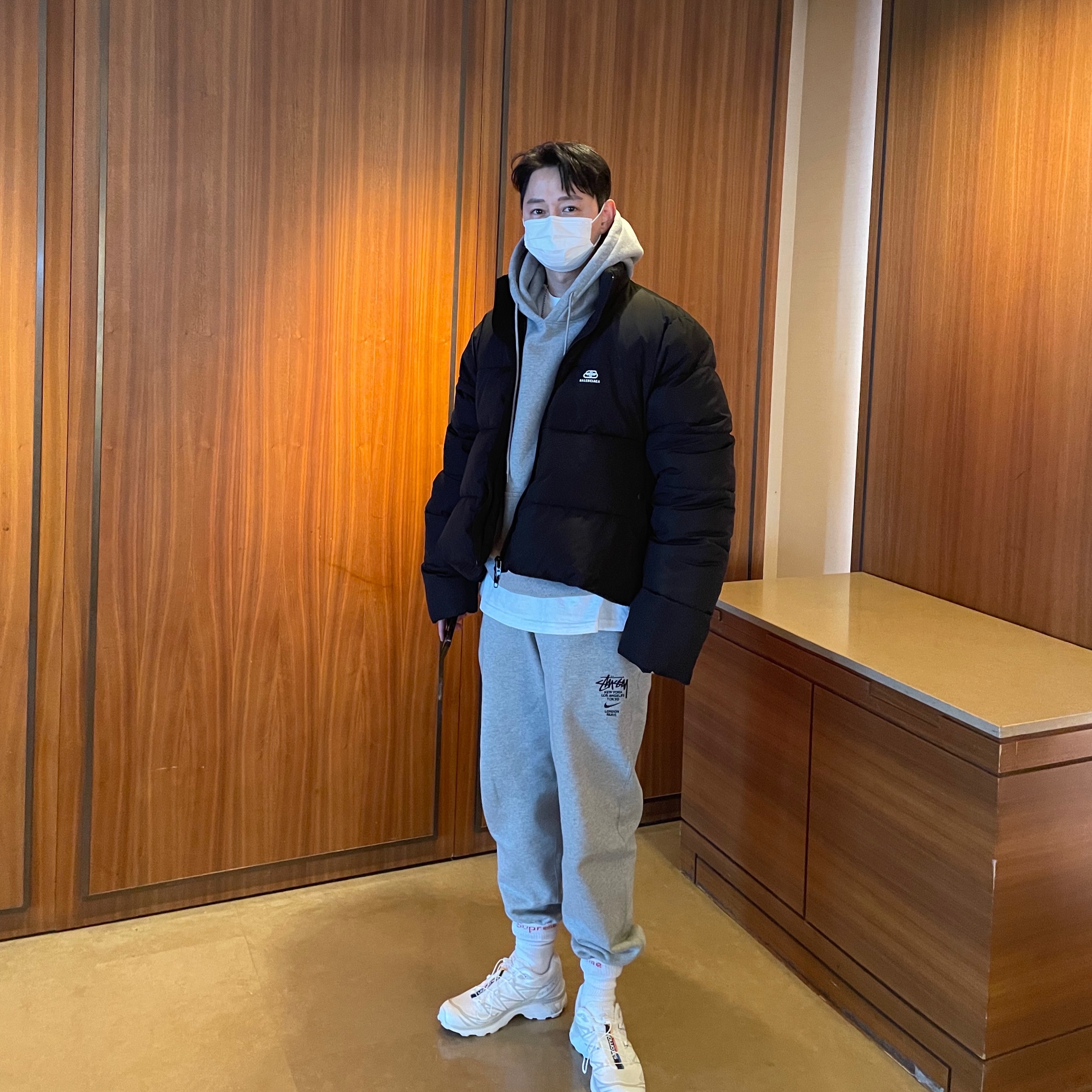 Nike x Stussy NRG RA Pullover Hoodie Dark Grey Heather (DJ9488-063), Nike x Stussy NRG ZR Fleece Pants Heather Grey - Asia 착용 스타일 - 2