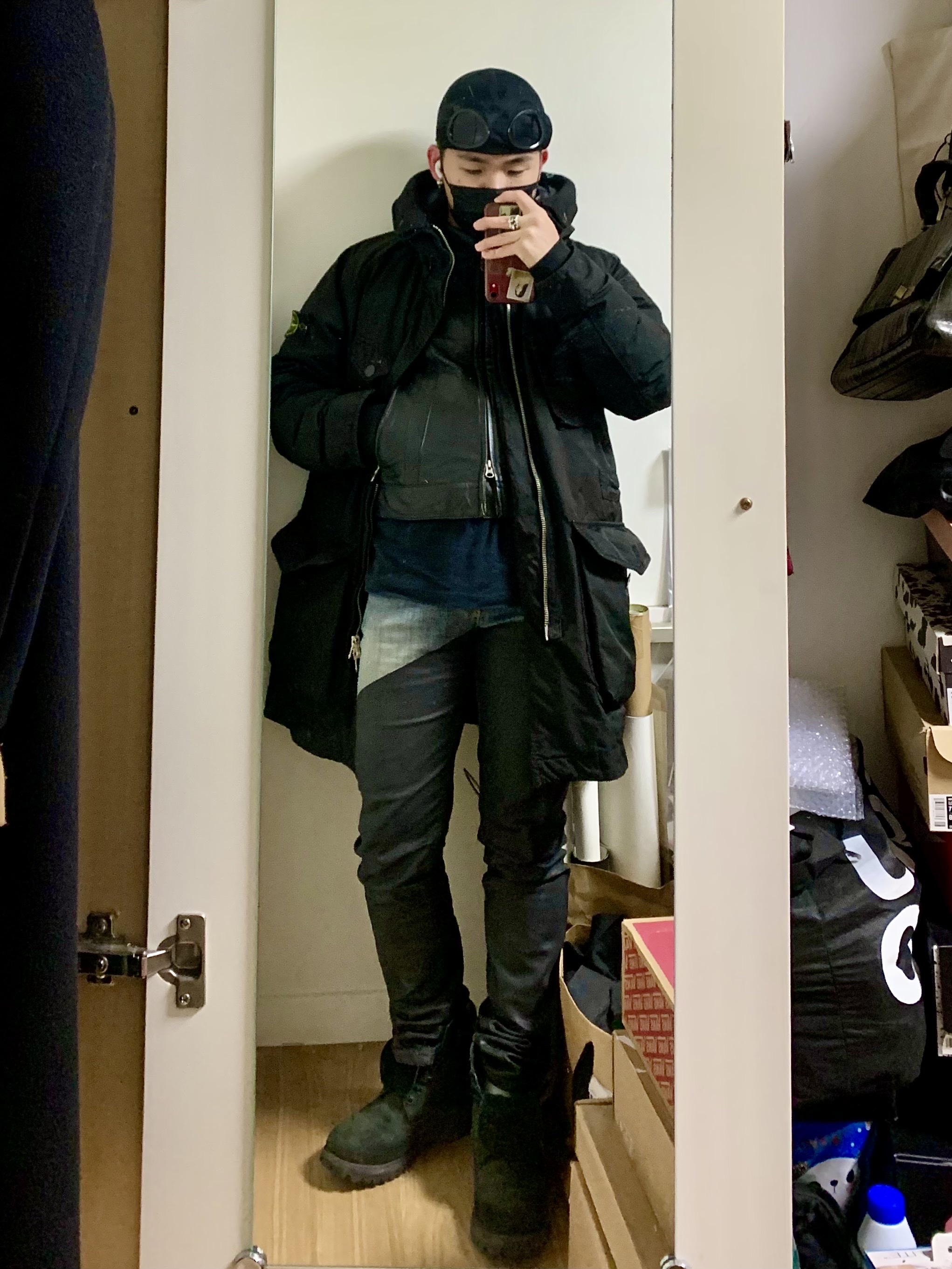 C.P. Company Gabardine Goggle Cap Black - 22SS, Stone Island 70549 David TC Down Parka Black - 21FW 착용 스타일