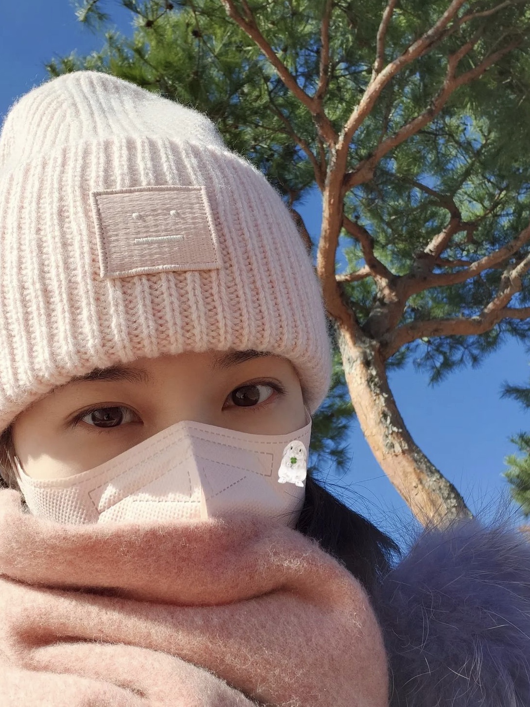 Acne Studios Large Face Logo Beanie Faded Pink Melange, Acne Studios Canada Narrow New Wool Muffler Rose Melange 착용 스타일 - 2
