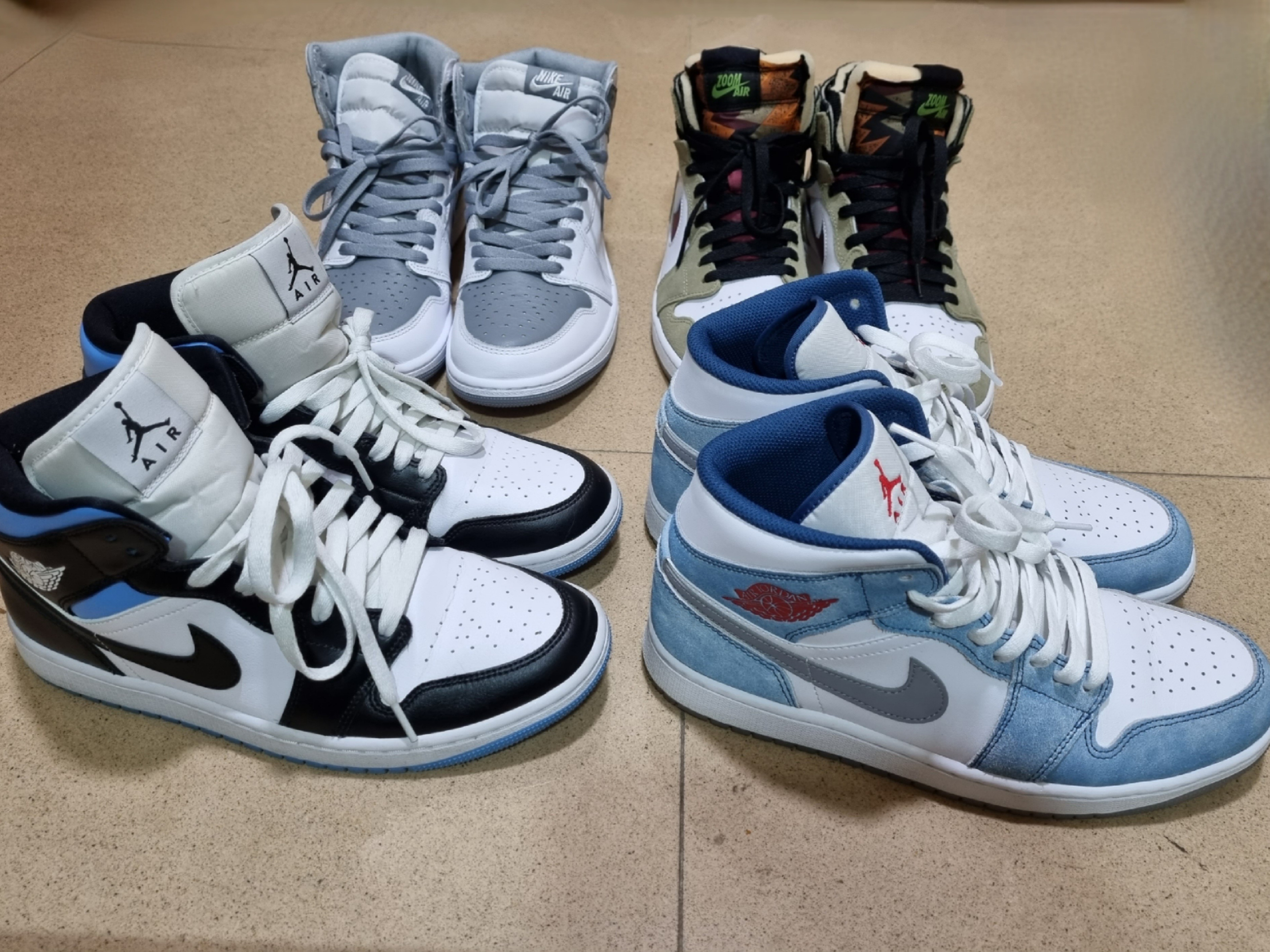 (W) Jordan 1 Mid White Black University Blue, Jordan 1 Mid SE French Blue Fire Red 착용 스타일 - 1