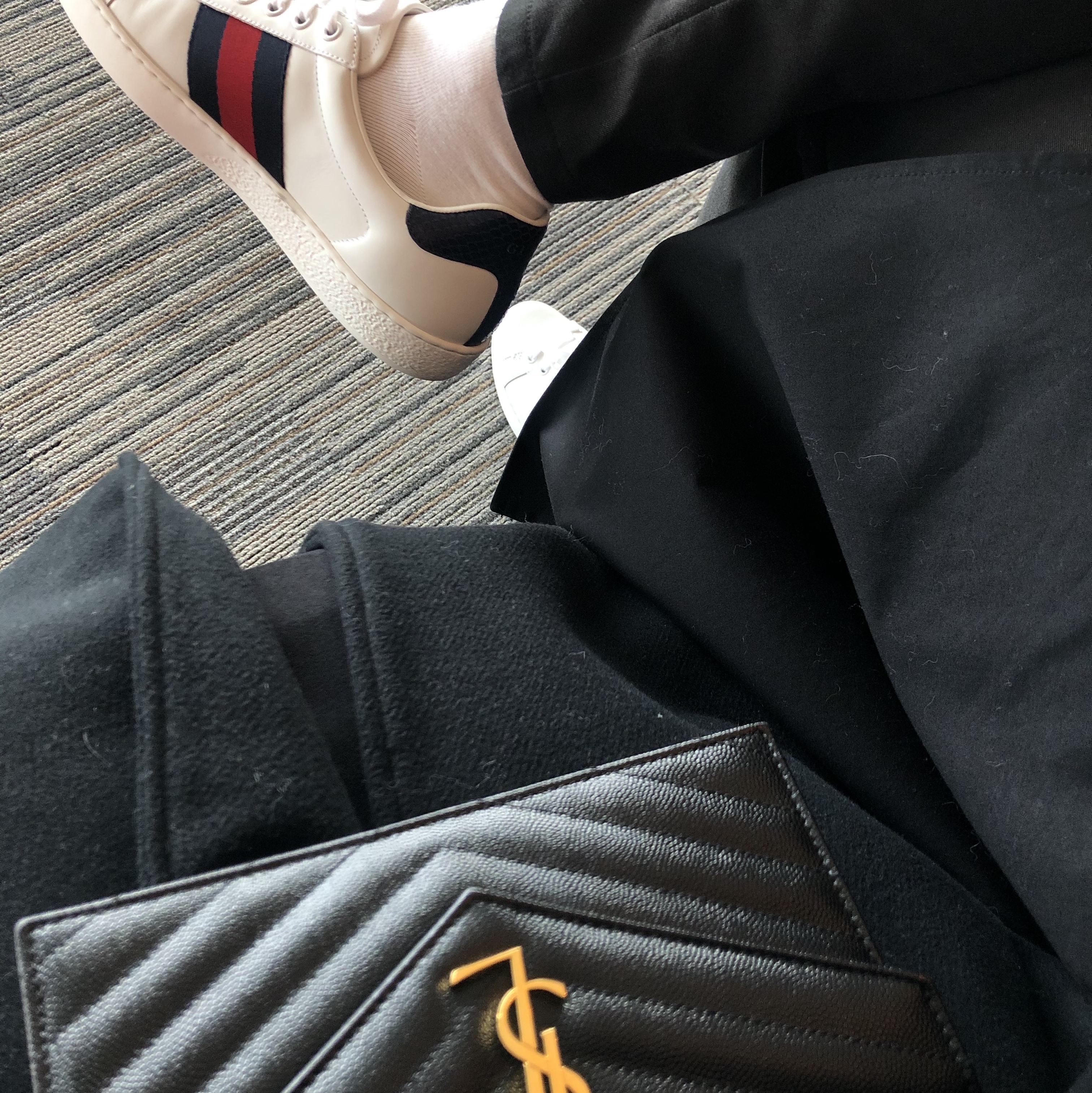 Gucci Ace Leather Sneakers White Blue, Saint Laurent Cassandre Matelasse Envelope Chain Wallet in Grain De Poudre Embossed Leather Black 착용 스타일