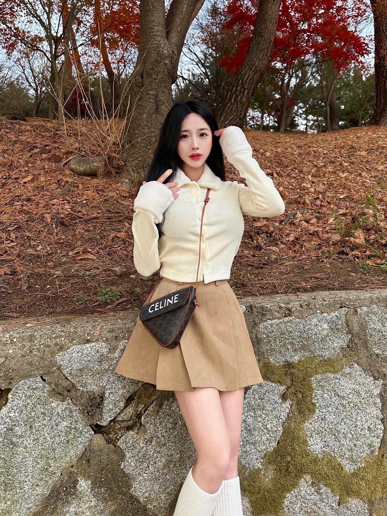 Celine Triangle Bag in Triomphe Canvas with Celine Print Tan, (W) UGG Disquette Slipper Chestnut 착용 스타일 - 1