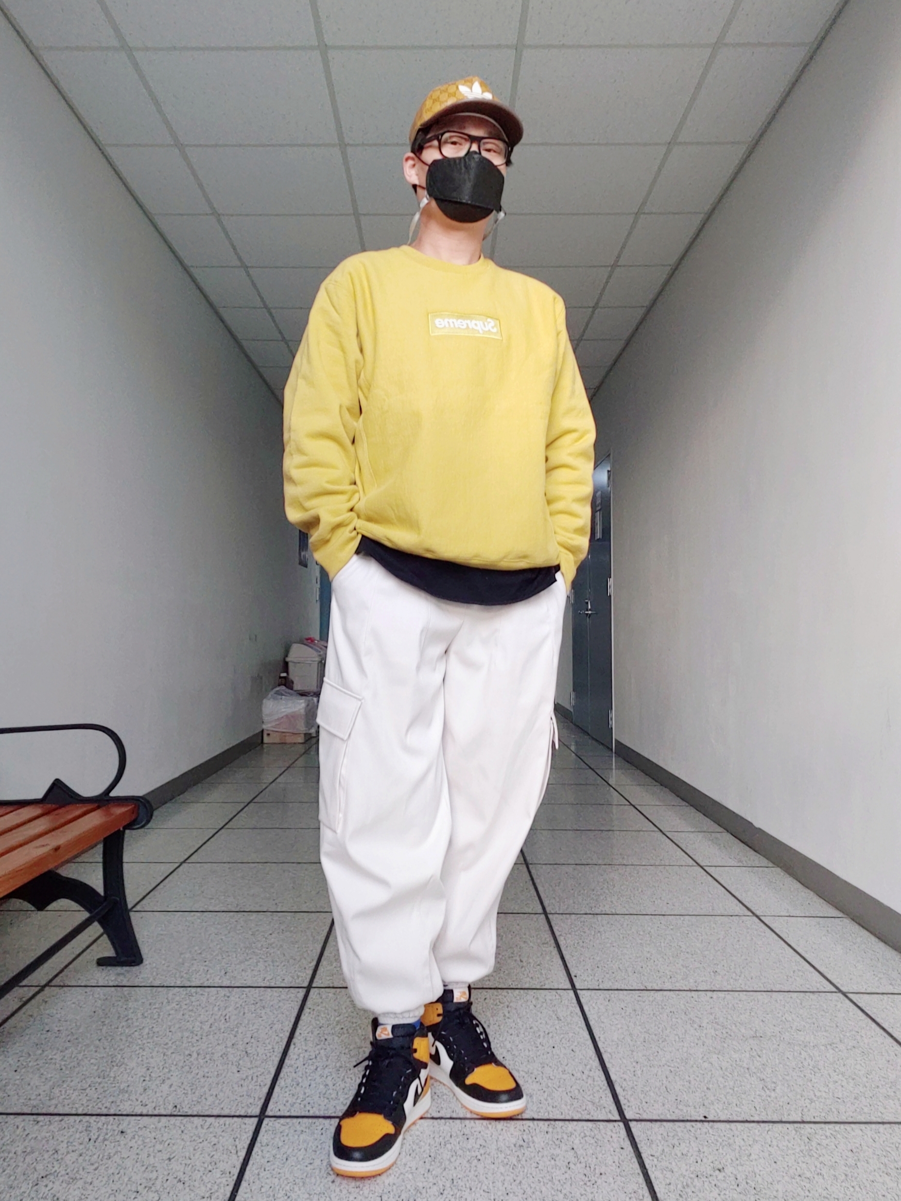 Gucci x Adidas Baseball Hat Beige Brown, Supreme Box Logo Crewneck Mustard - 18FW 착용 스타일